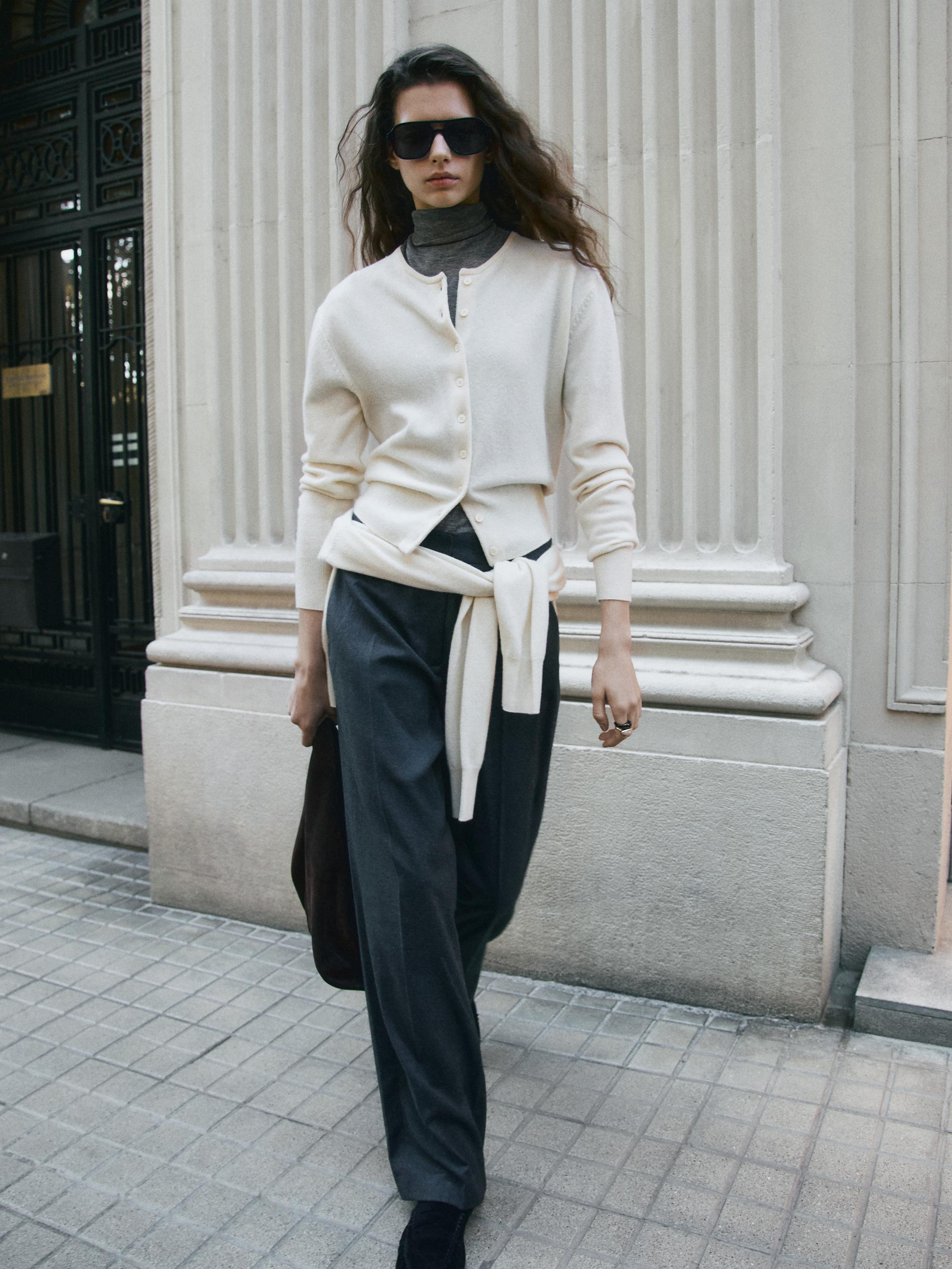 Wool blend knit cardigan with crew neck