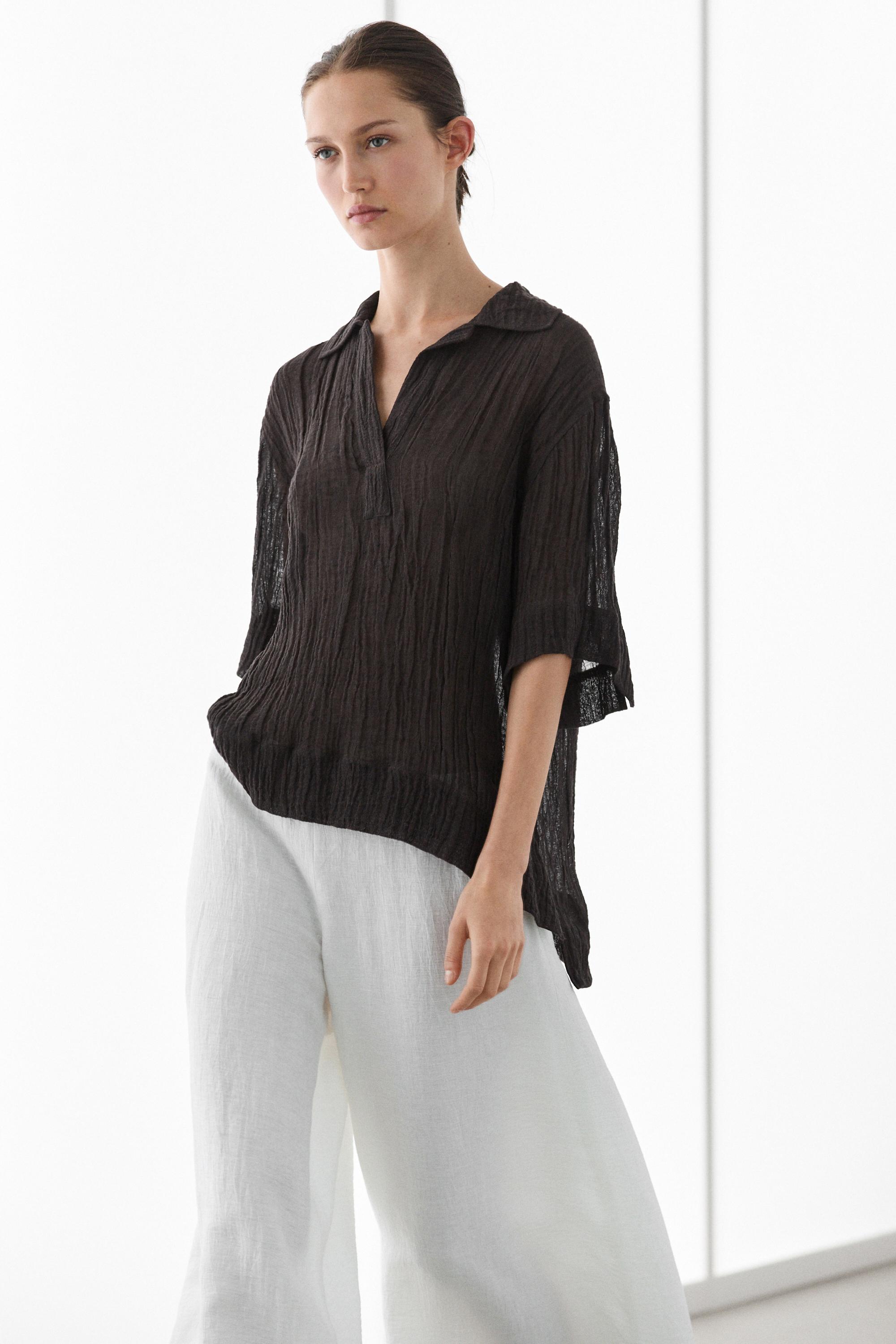 Flowing linen blend polo blouse — BROWN