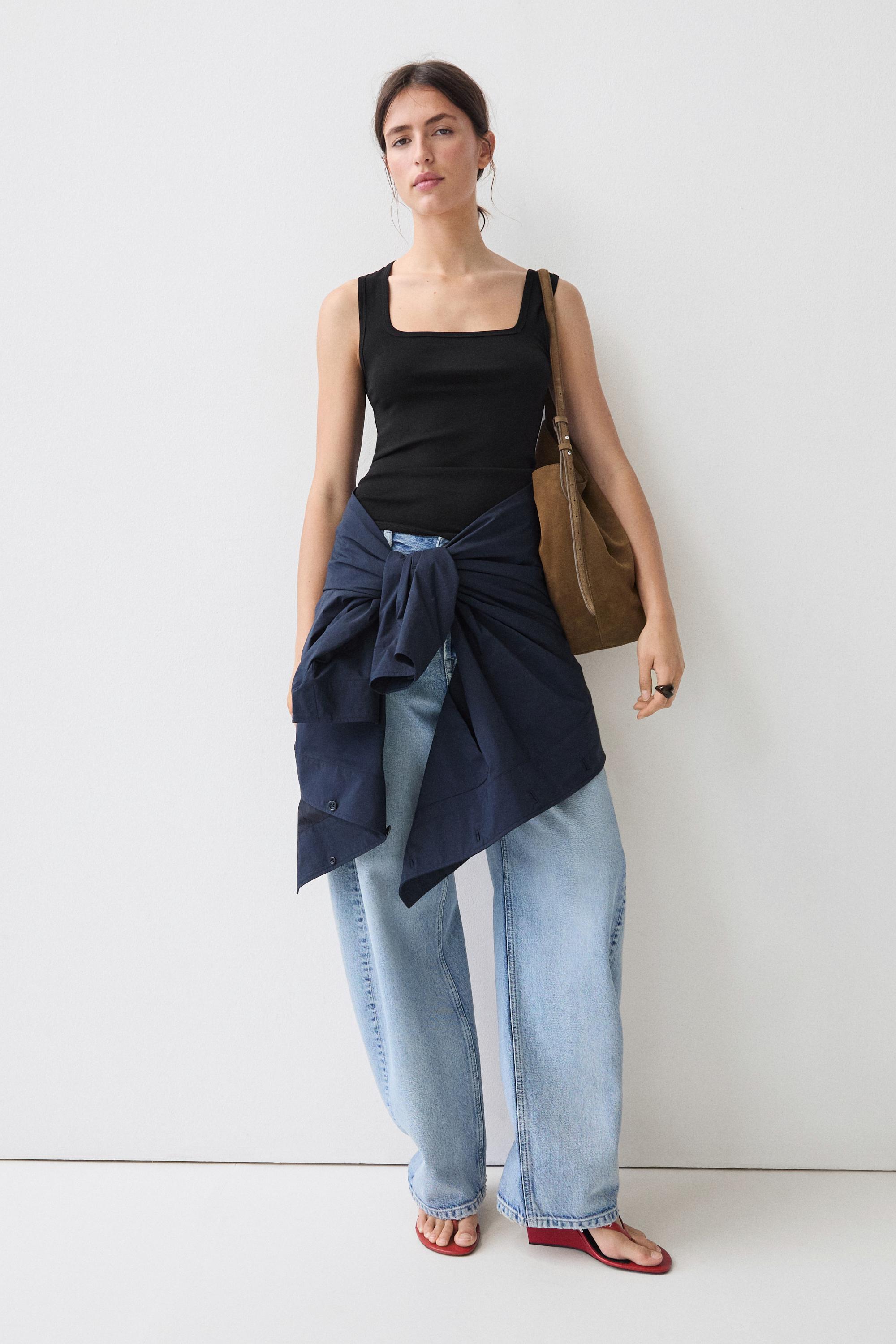 Cotton blend square neck top — BLACK