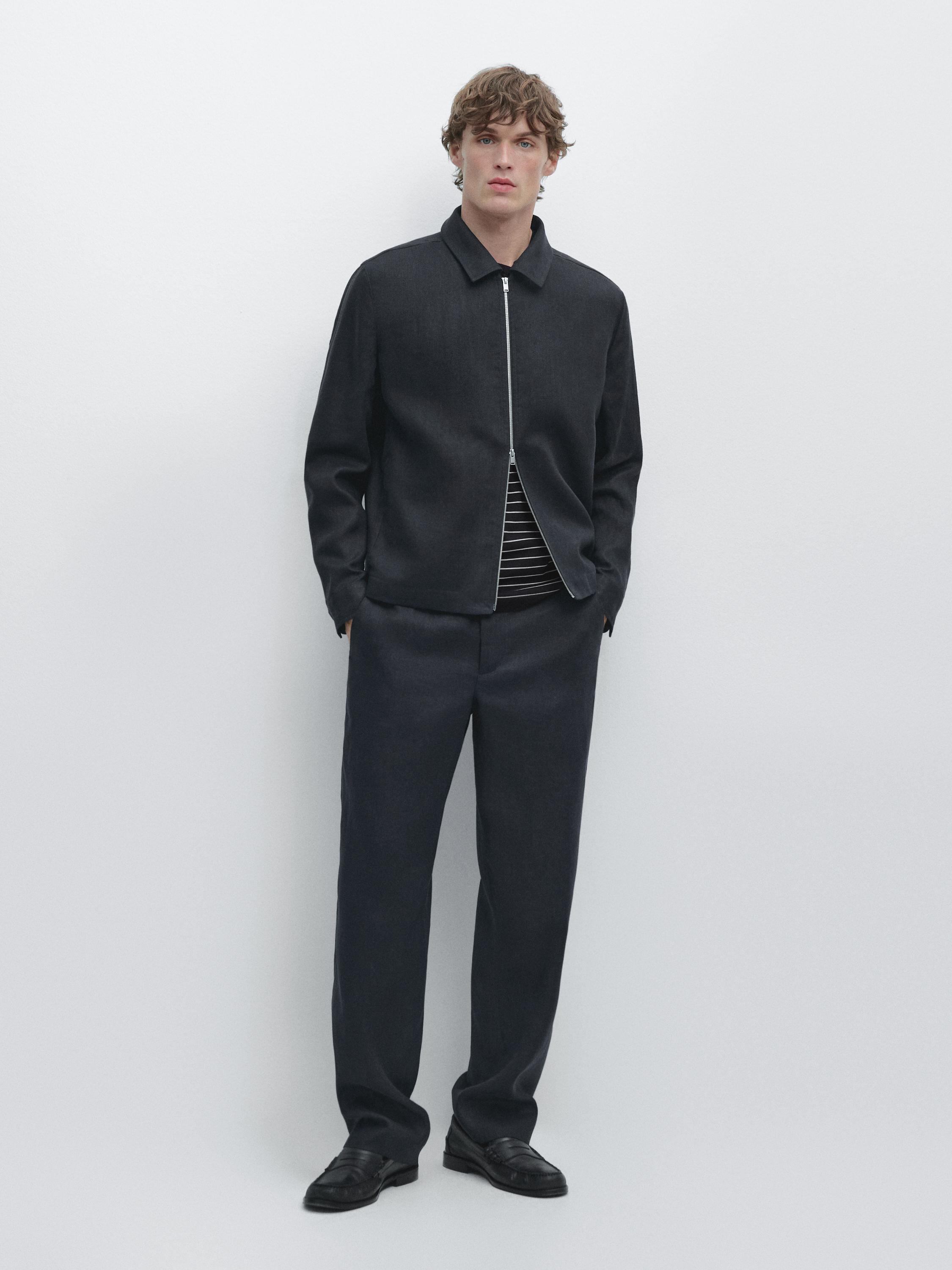 Cropped linen jacket — NAVY BLUE
