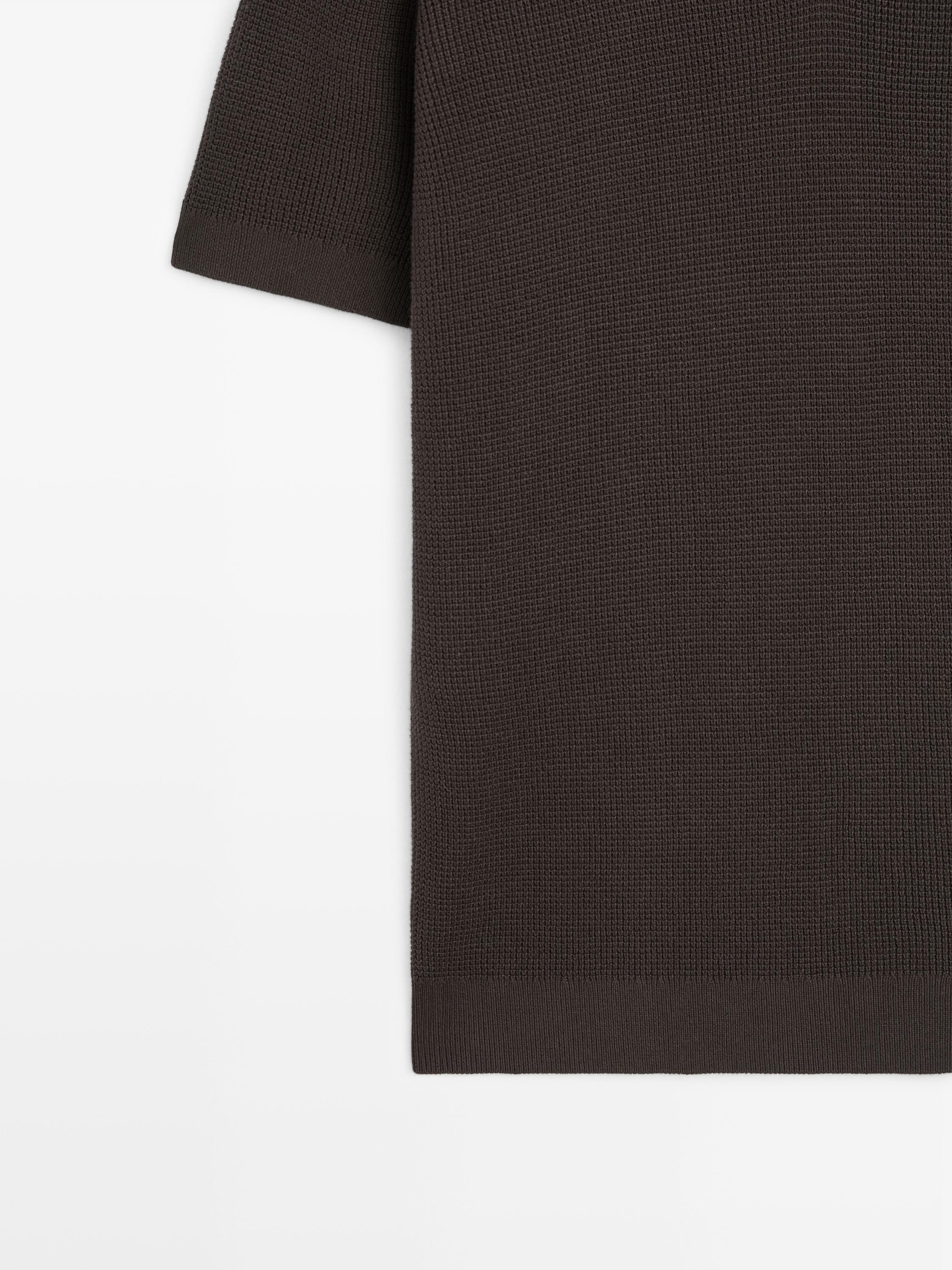 Textured cotton knit polo shirt — BROWN MARL