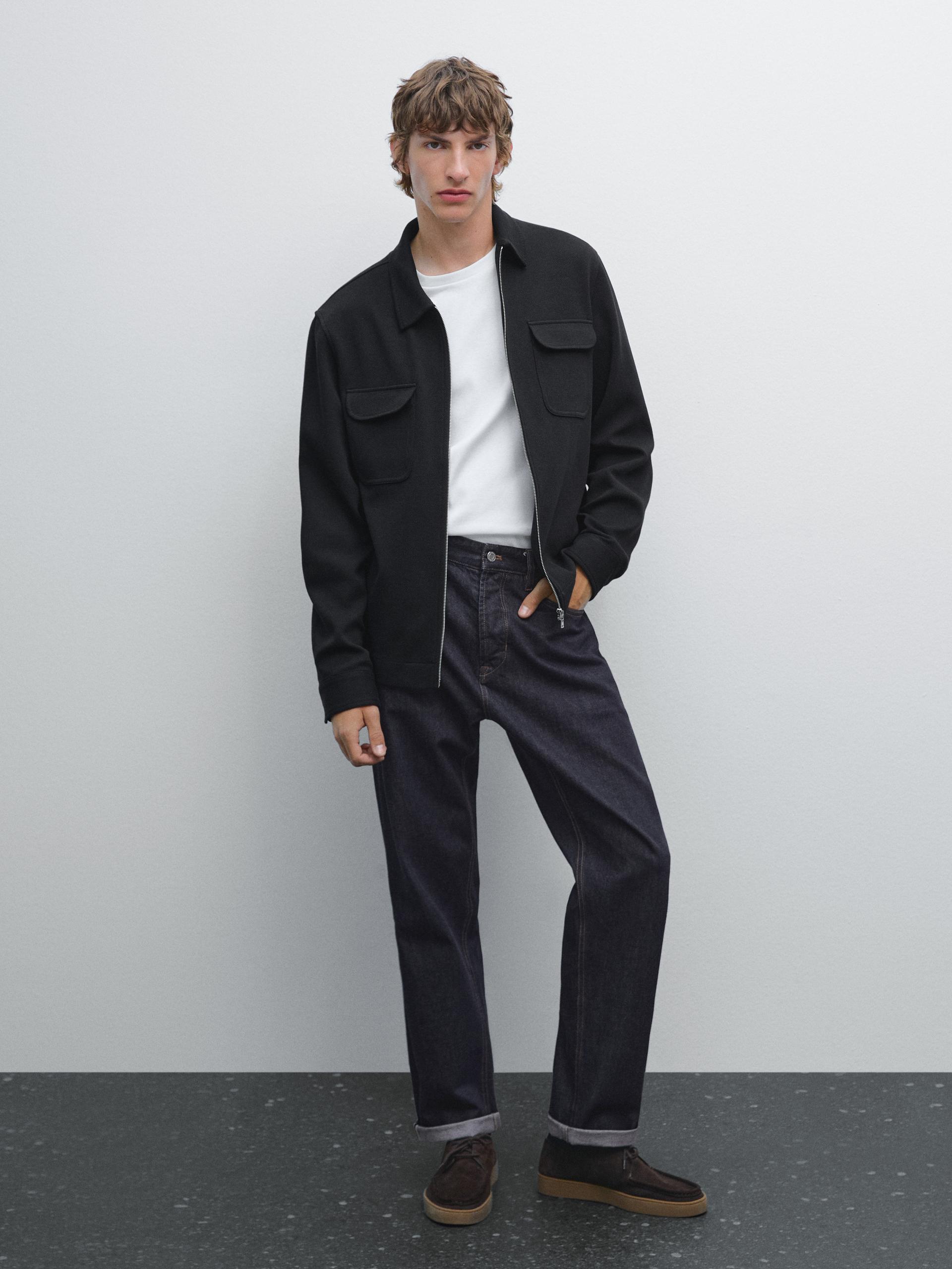 Veste Poches Serge De Coton Mélangé - Bleu Marine - M - Massimo Dutti - Homme