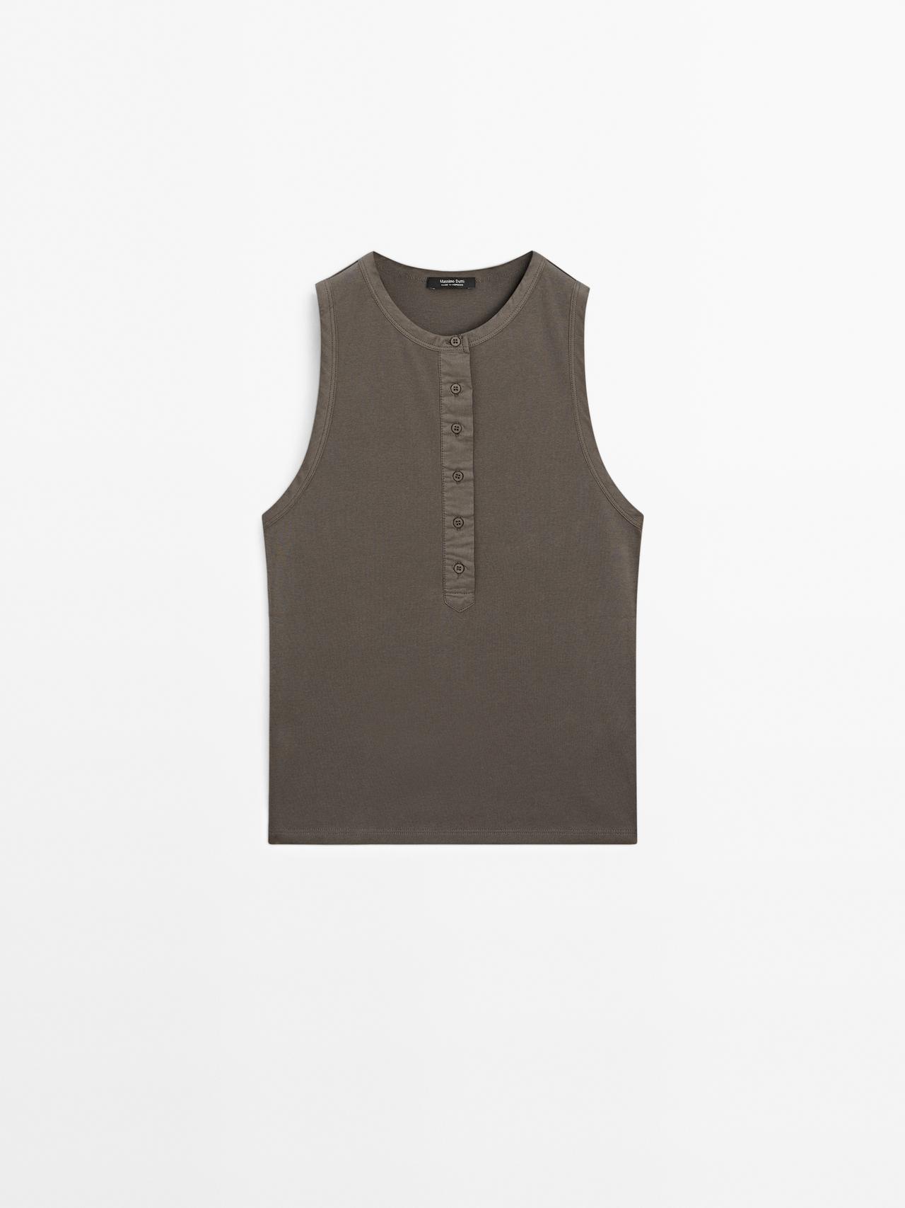 Massimo Dutti - Dame - Top Med Kontrasterende Kantdetalje - Kaki - S