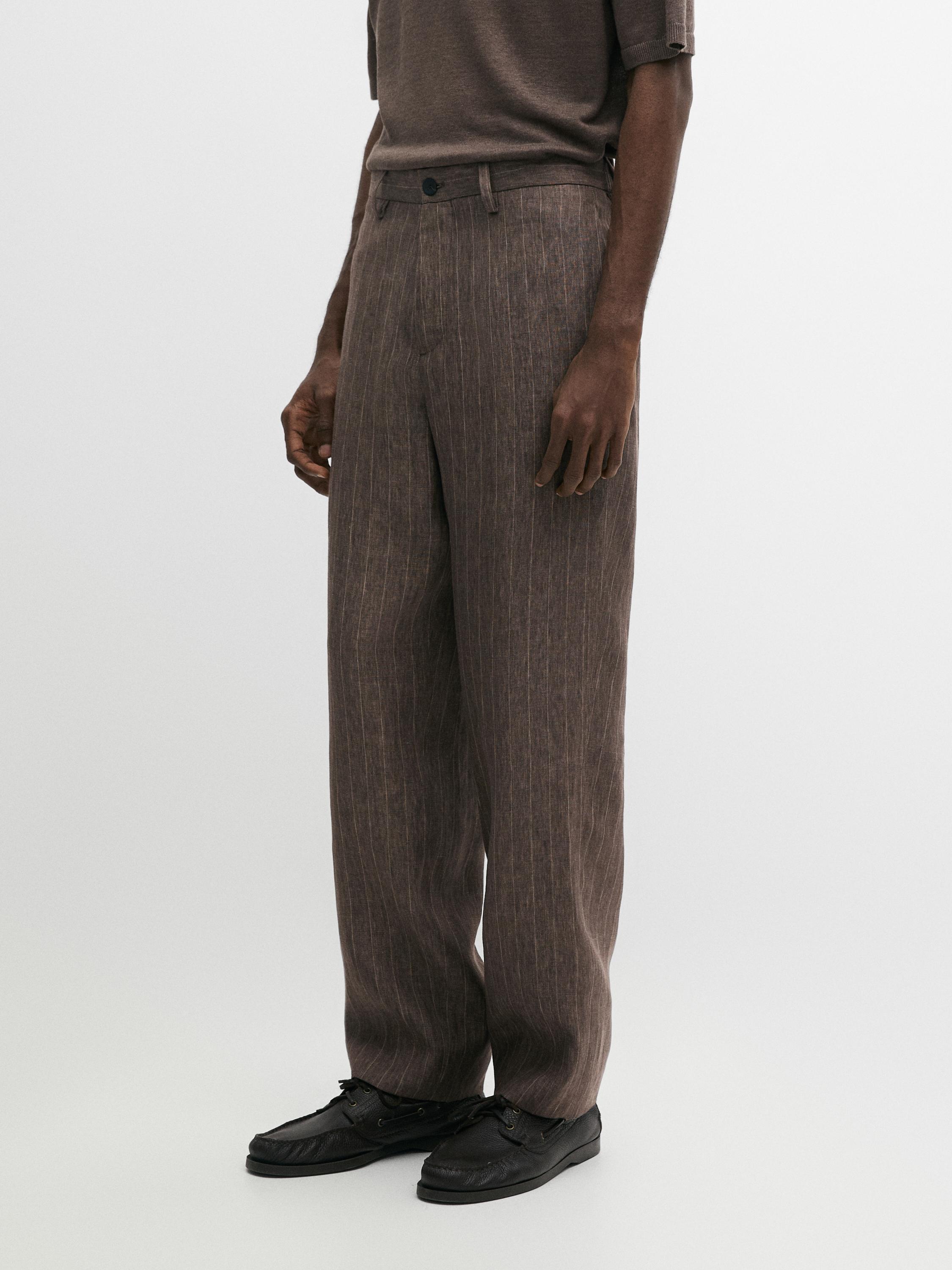 Striped linen trousers — BROWN