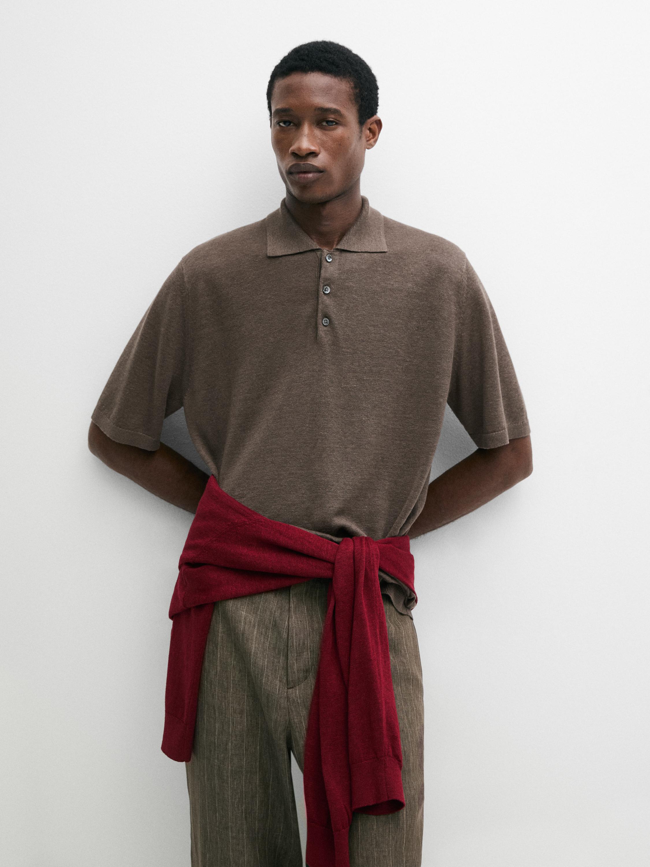 Linen knit polo sweater — MOCHA