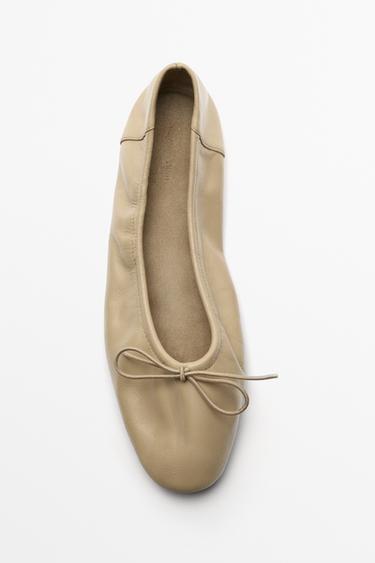 Ruched bow leather ballet flat — BEIGE 3