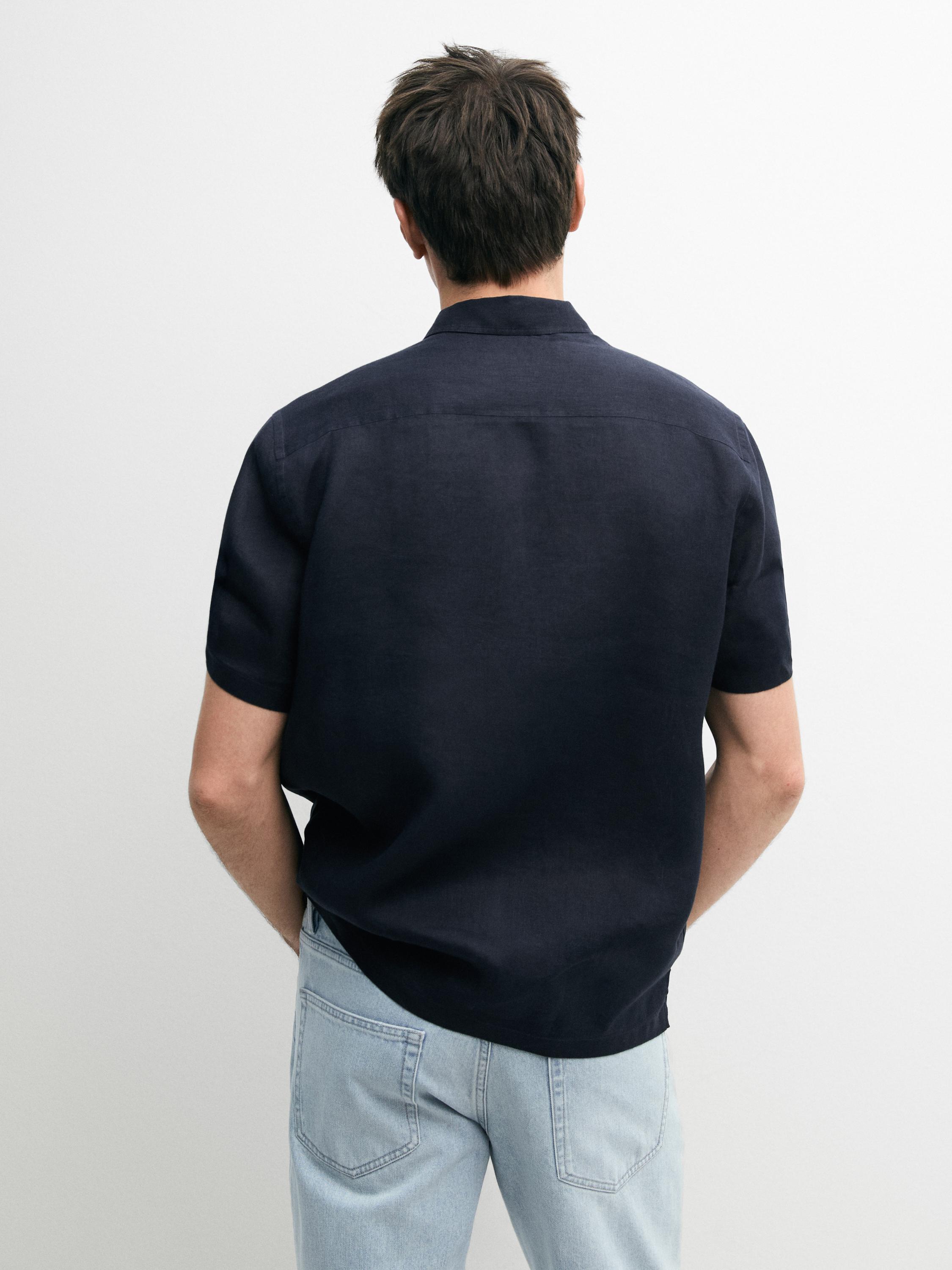 100% linen regular fit short sleeve shirt — NAVY BLUE