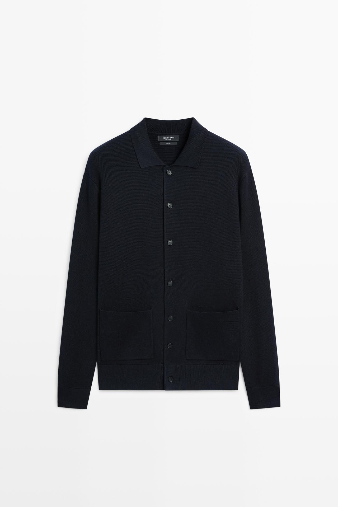 100% cotton knit polo collar cardigan — NAVY BLUE