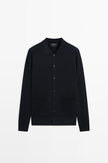 100% cotton knit polo collar cardigan — NAVY BLUE 2