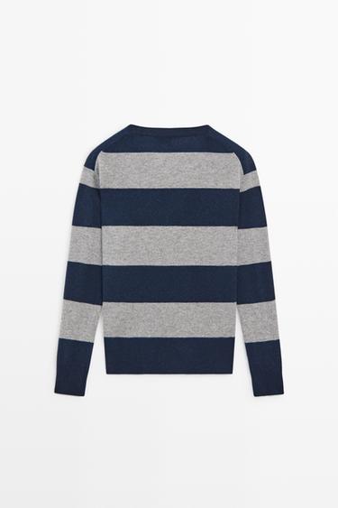 Striped wool-cashmere blend knit V-neck sweater — ANTHRACITE GREY 6