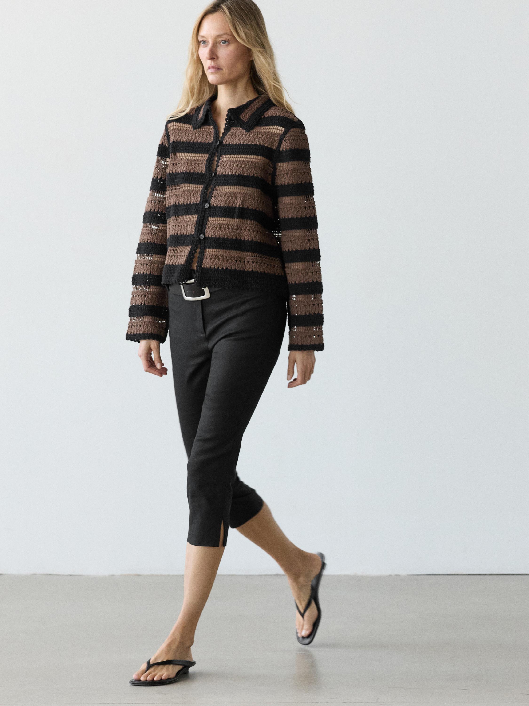 Short striped crochet knit cardigan — BROWN
