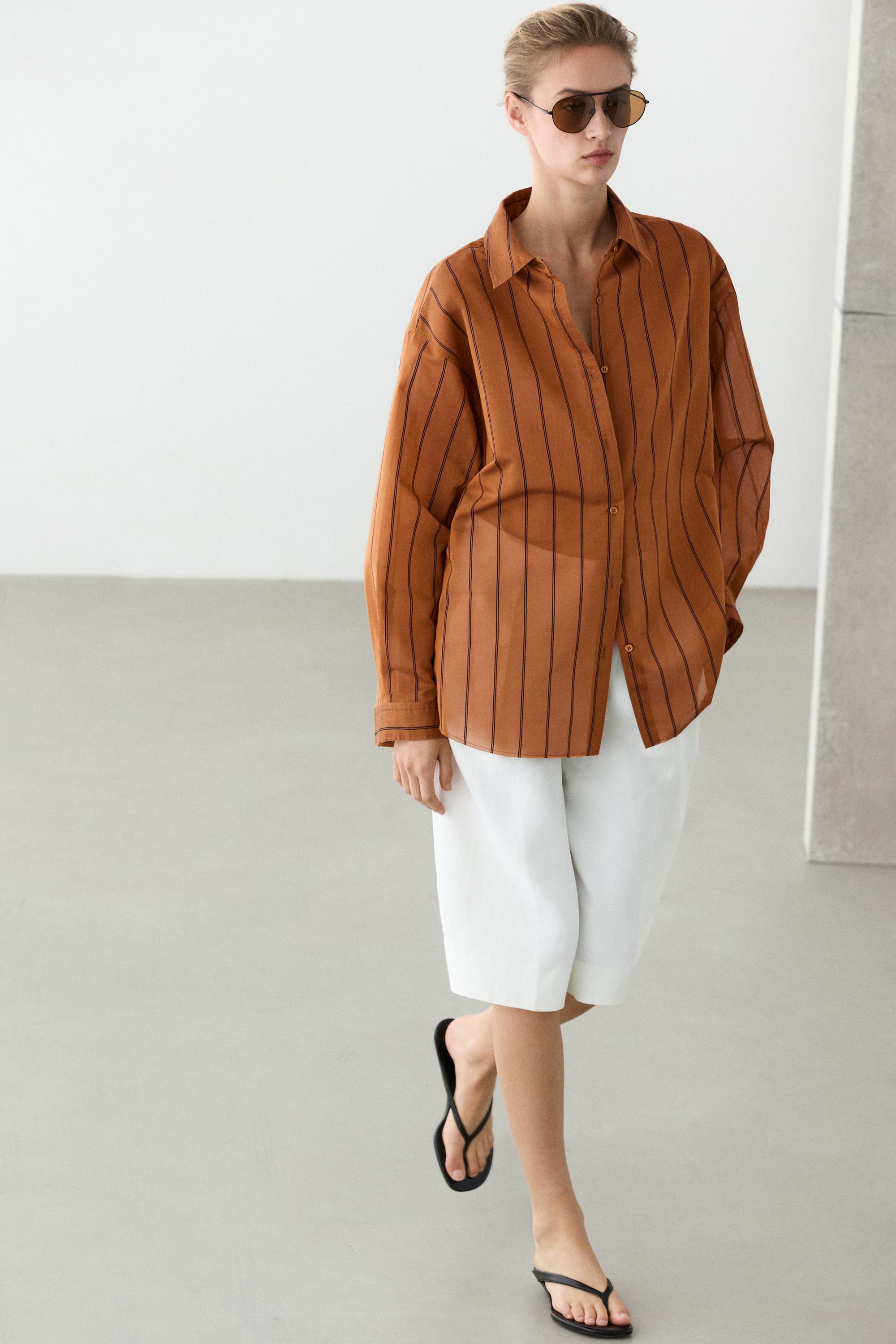 Striped fluid cotton and silk blend shirt — ORANGE