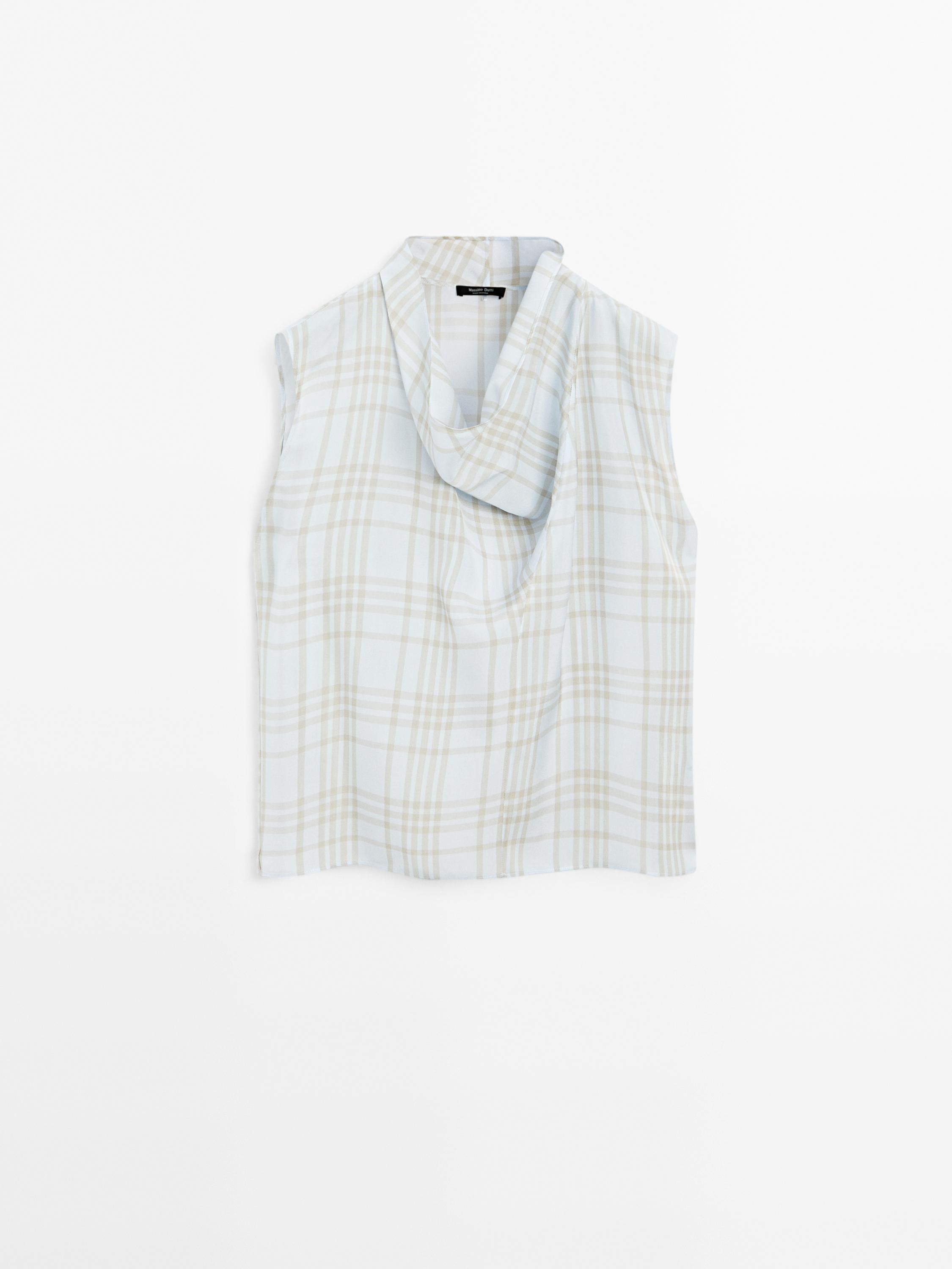 Draped collar plaid top