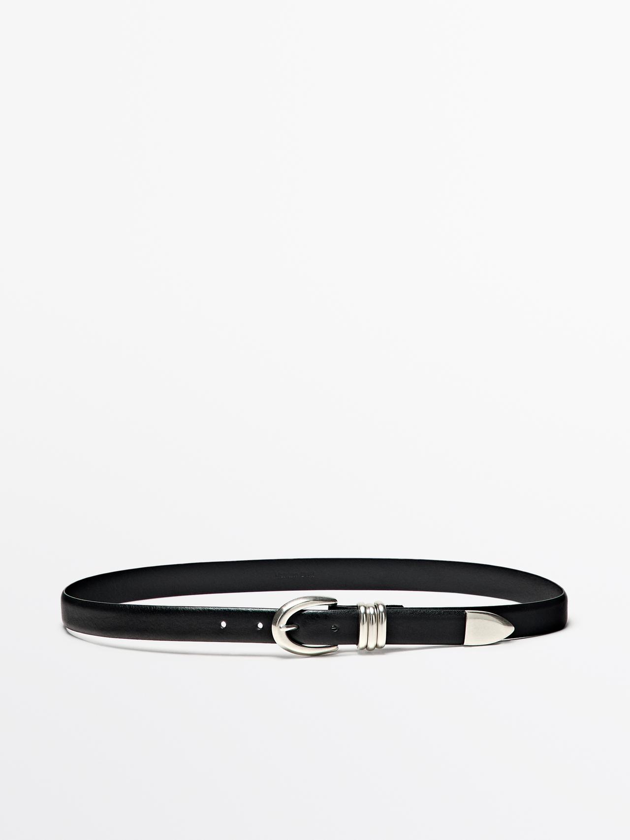 Massimo Dutti - Dames - Nappaleren Riem Met Metallic Detail - Zwart - M / 85cm