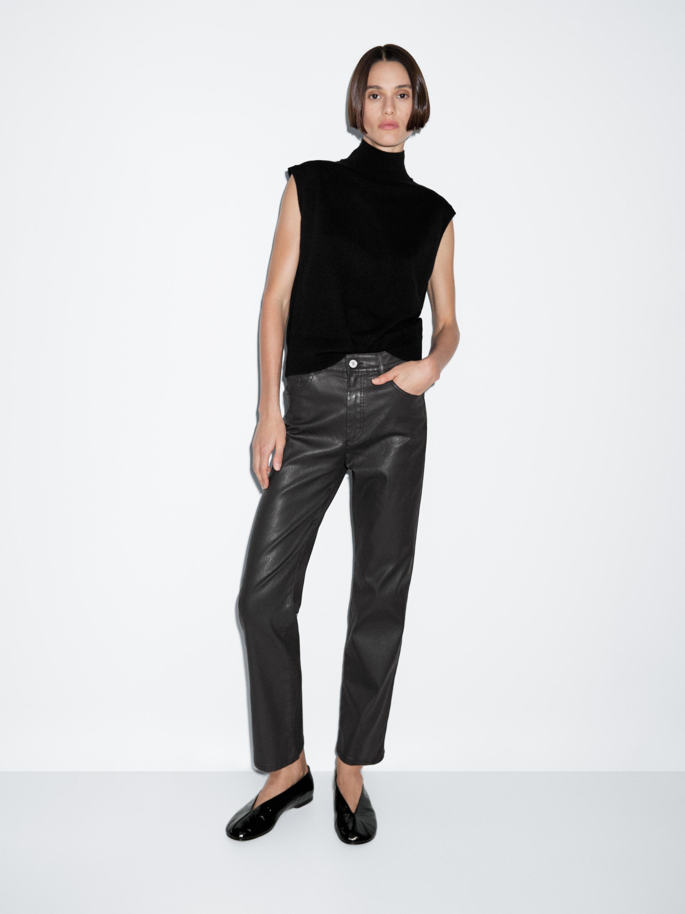 High-waist straight-leg waxed trousers — BLACK