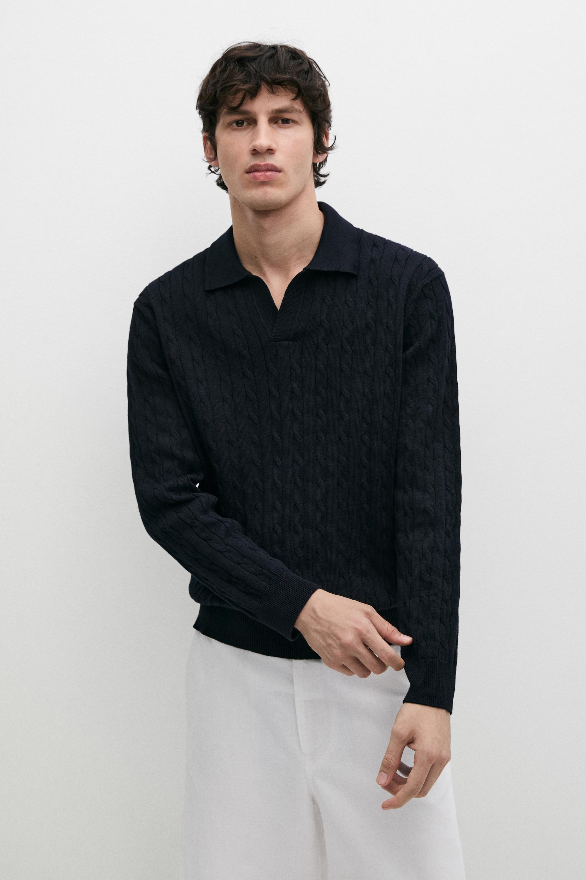 100% Cotton Cable-Knit Polo Sweater — NAVY BLUE