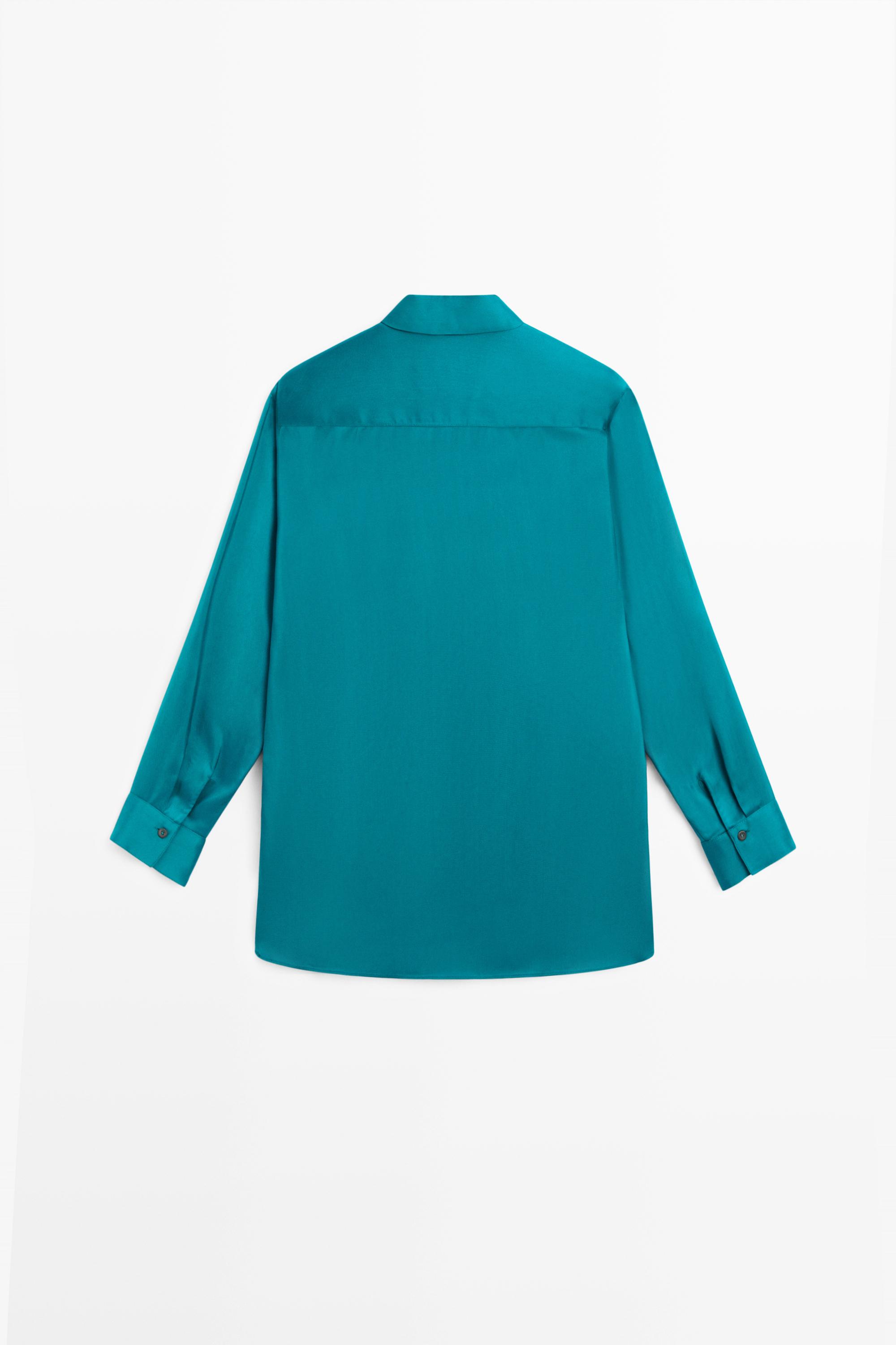 Flowing satin shirt with pockets — GREENISH BLUE