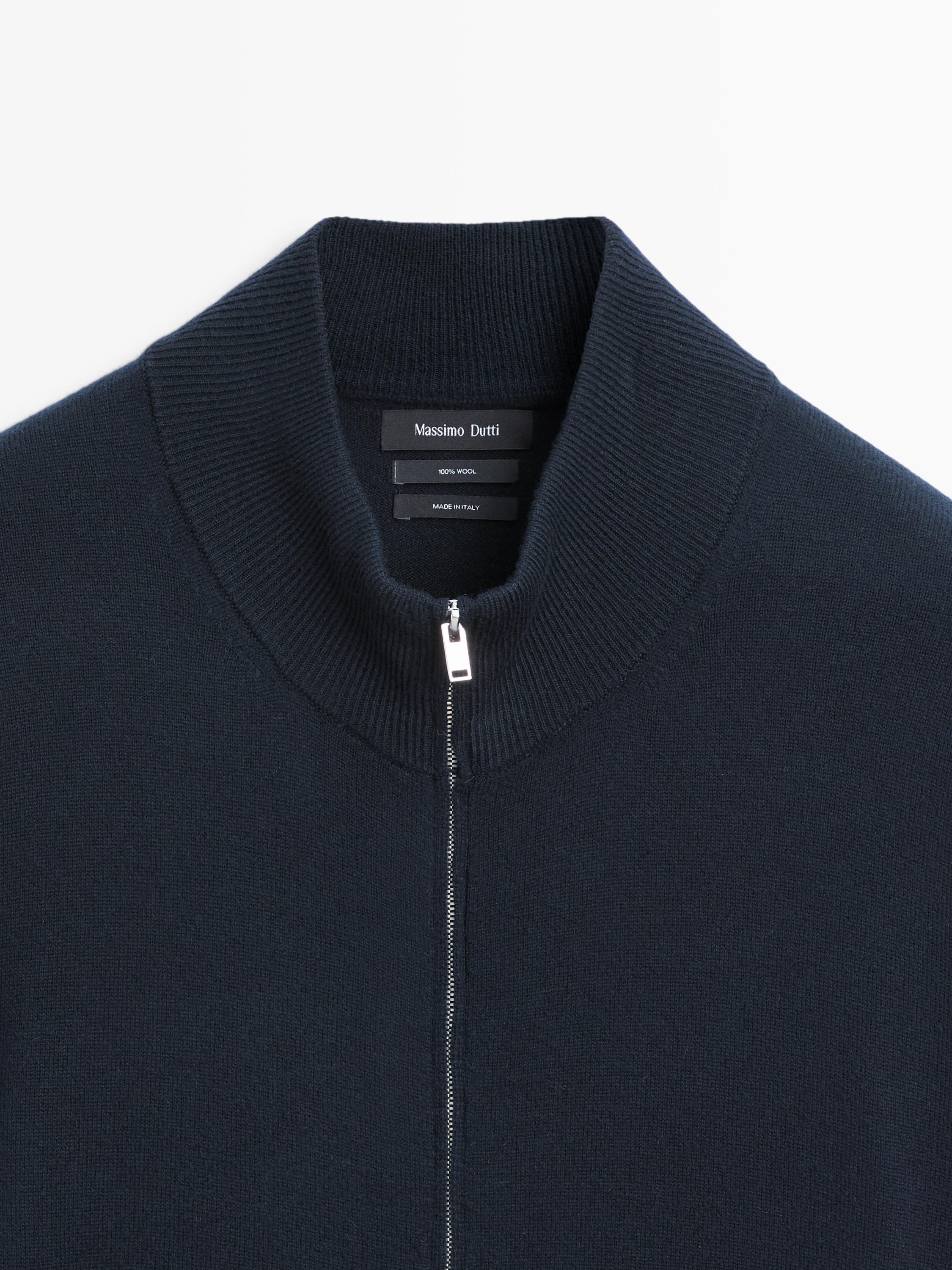 Wool zip-up knit cardigan — NAVY BLUE