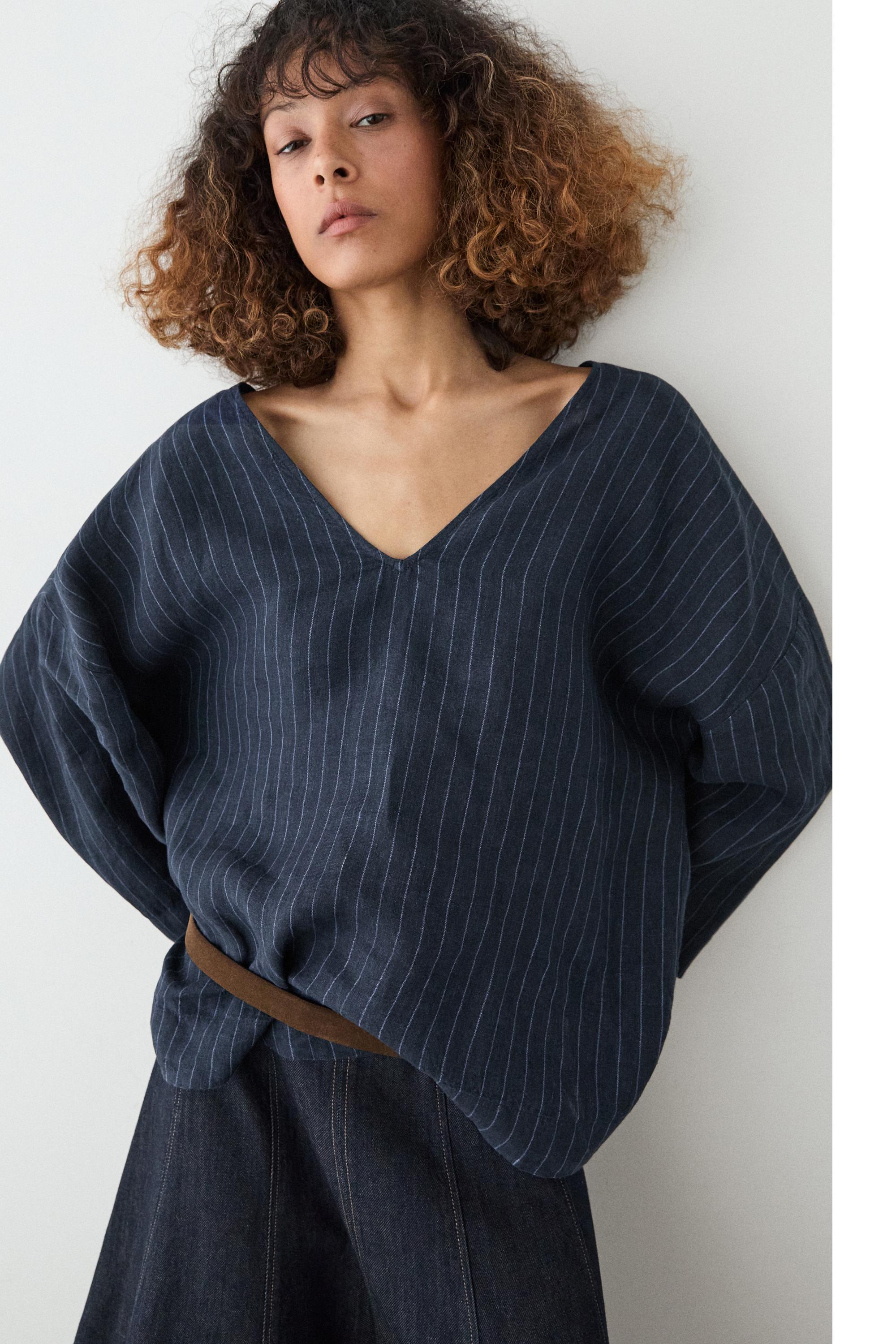 Striped linen blouse with back detail — DARK BLUE