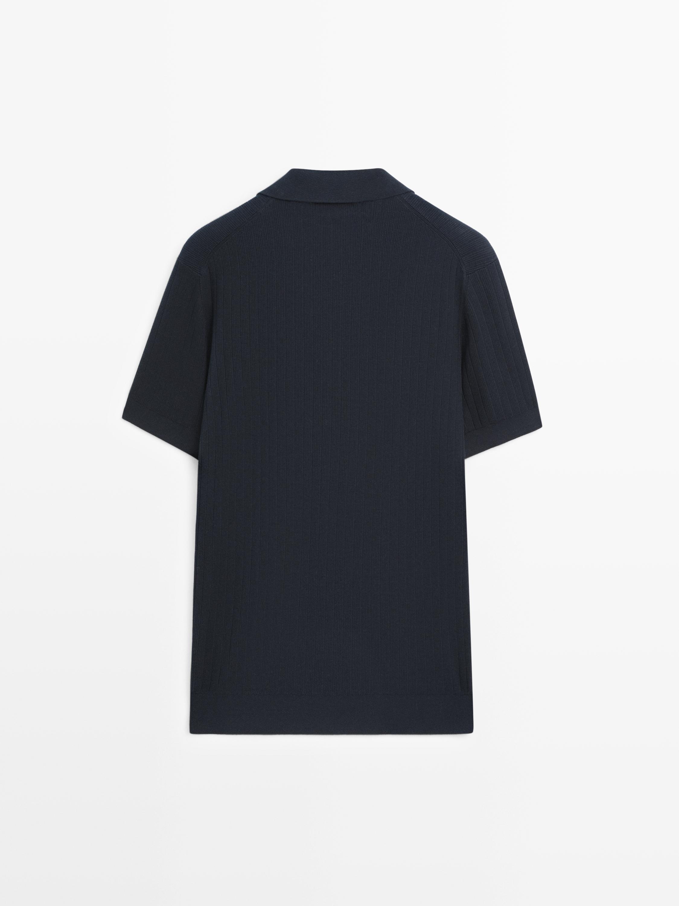 Ribbed knit cotton polo shirt — NAVY BLUE