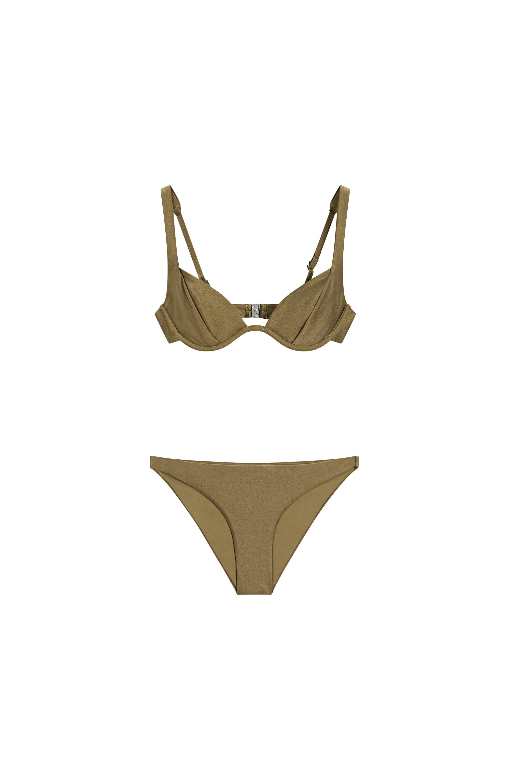 Shimmery gathered underwire bikini top — KHAKI
