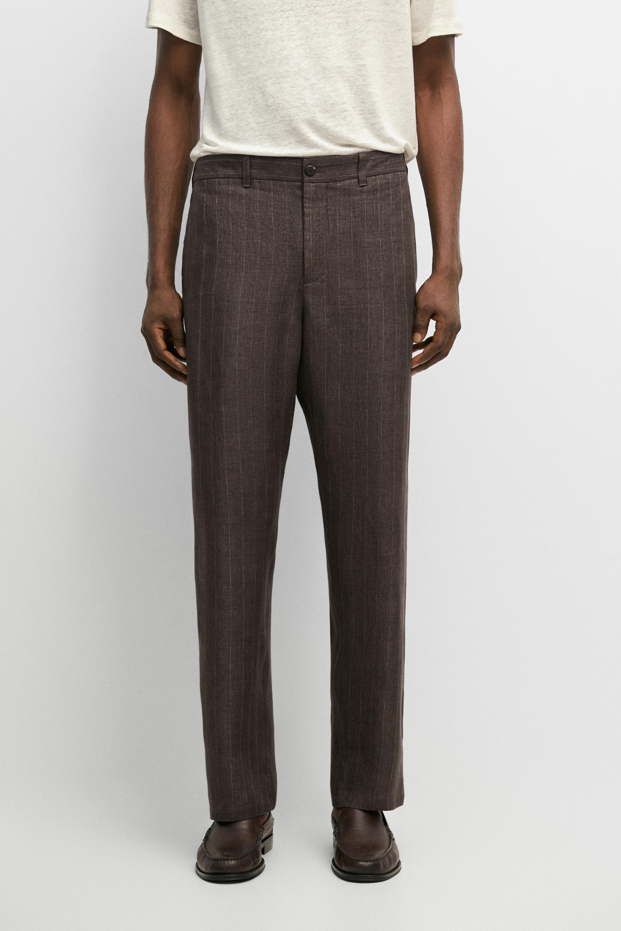 100% linen striped straight-leg pants — BROWN
