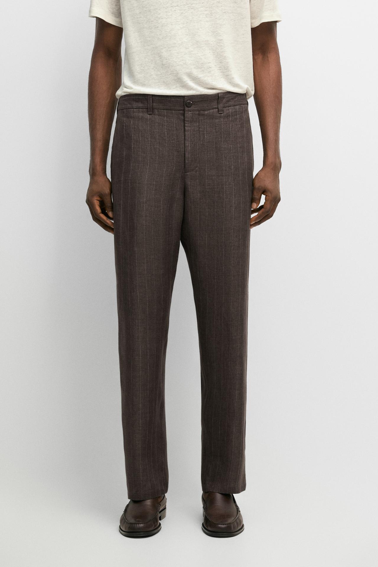 100% linen striped straight-leg pants — BROWN