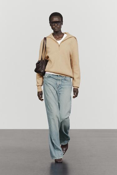 Wide collar zip-up knit sweater — CAMEL 1