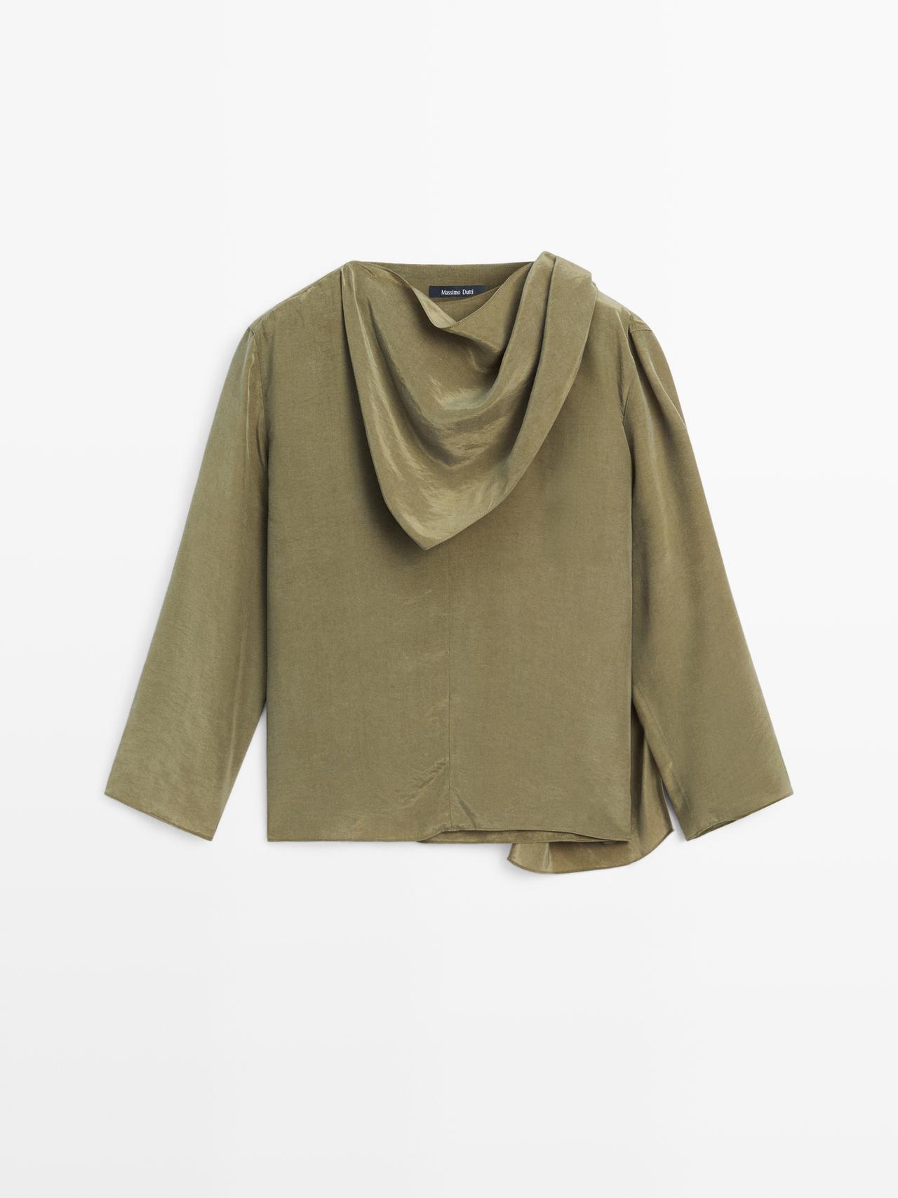 Massimo Dutti - Dame - Bluse Loose Fit Med Voluminøs Krave - Grøn - L