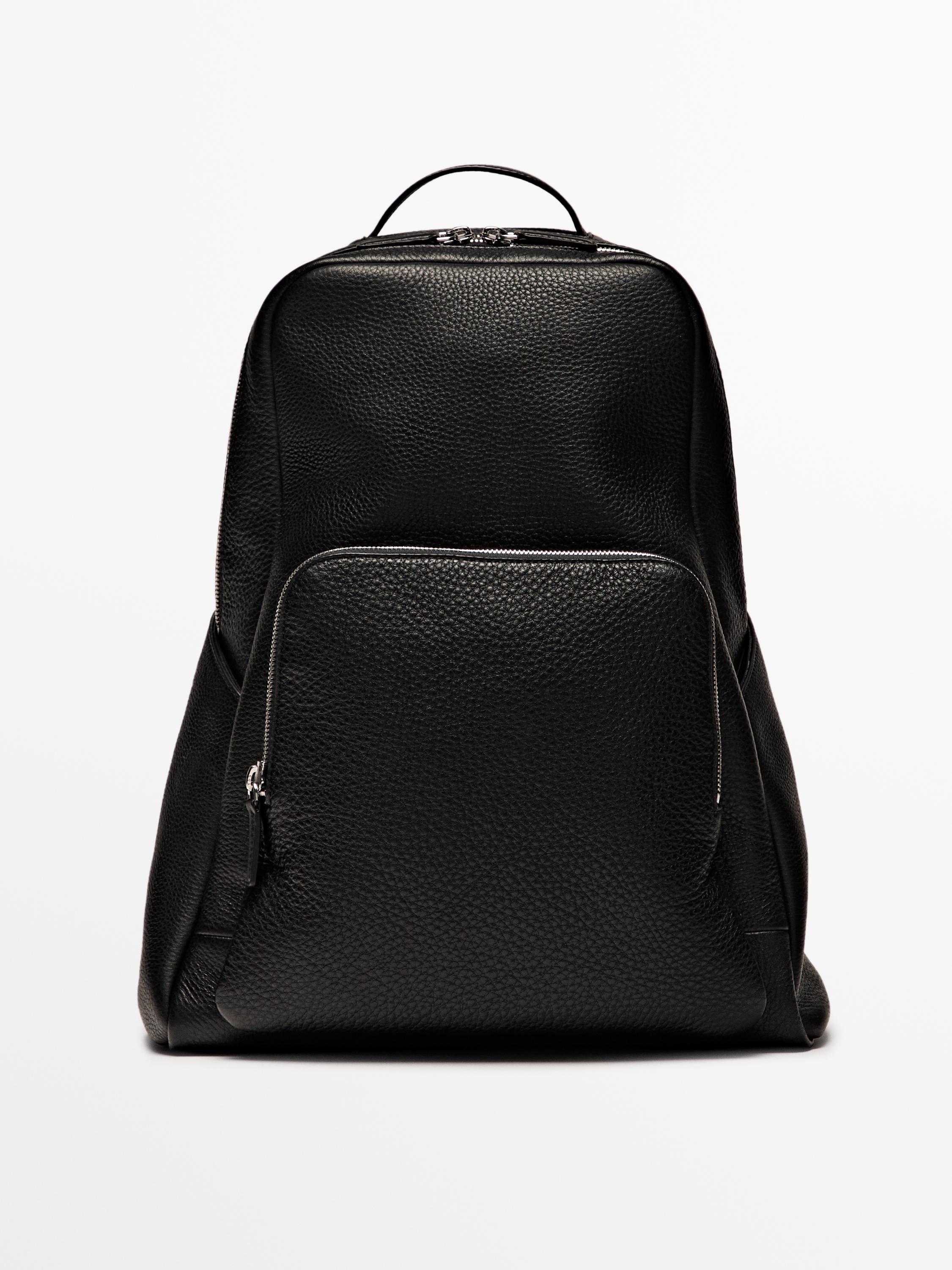 Nappa leather backpack with zip Black Accessories Massimo Dutti