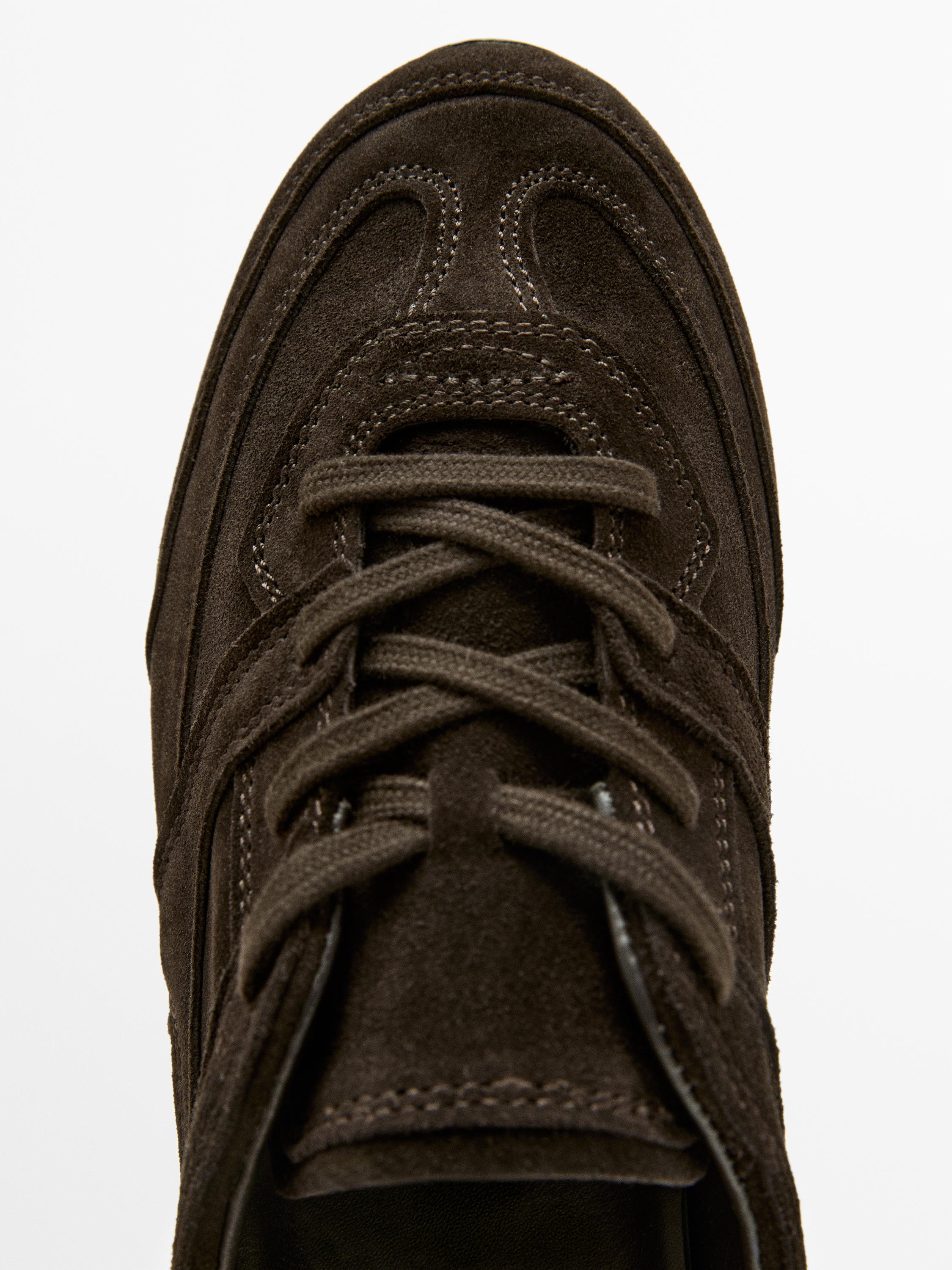 Split leather trainers with piece details — BROWN