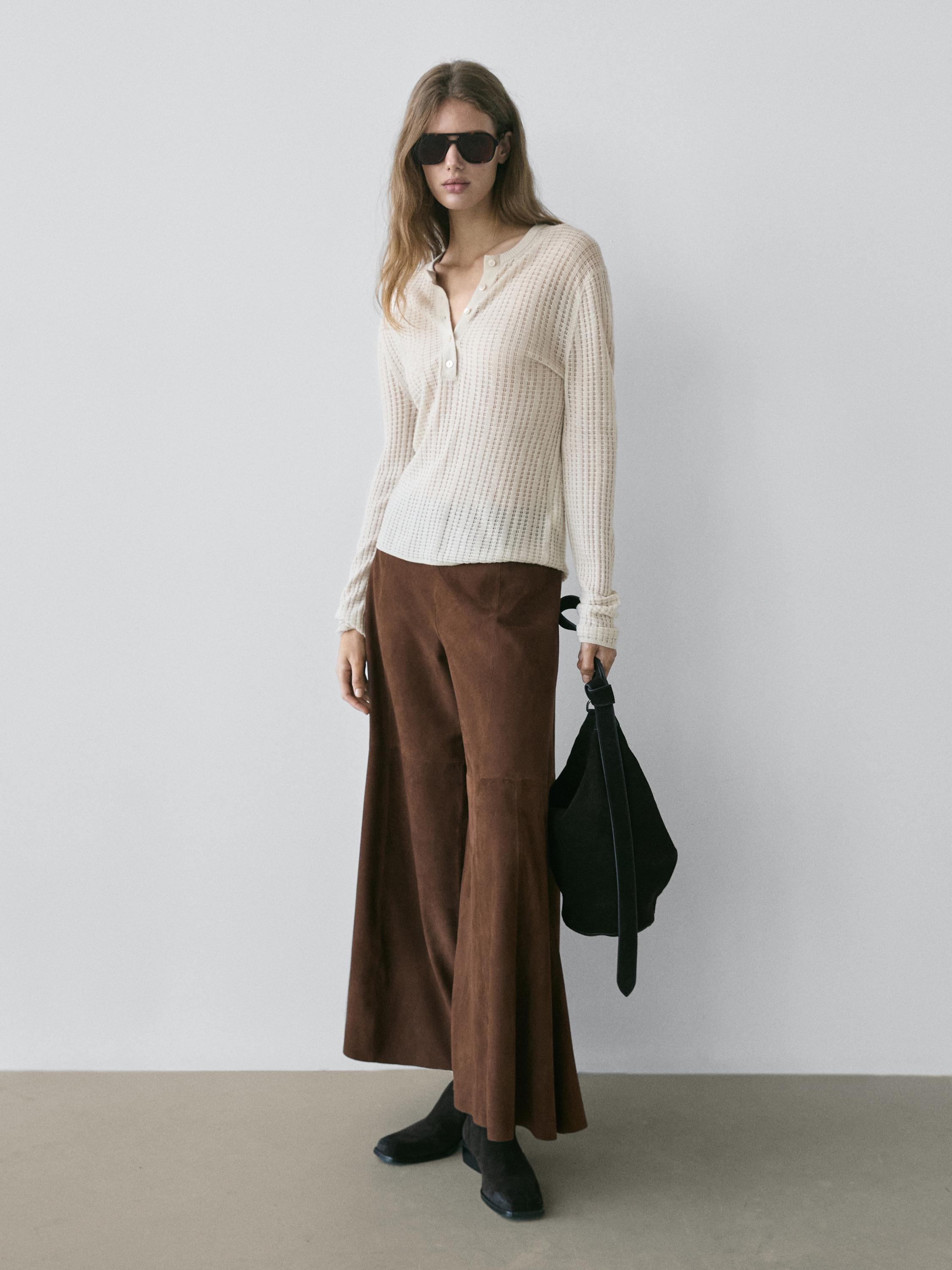 Suede leather flared trousers — BROWN