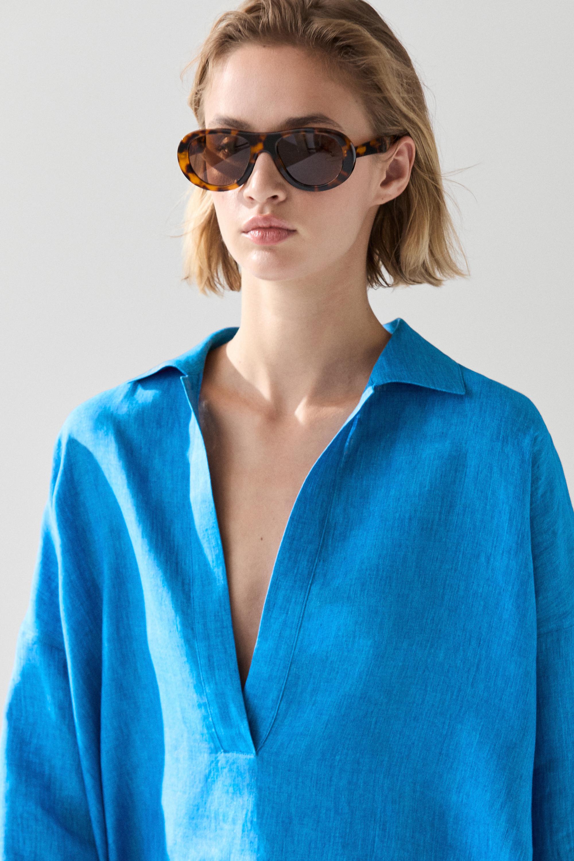 100% linen flowing blouse — BLUE