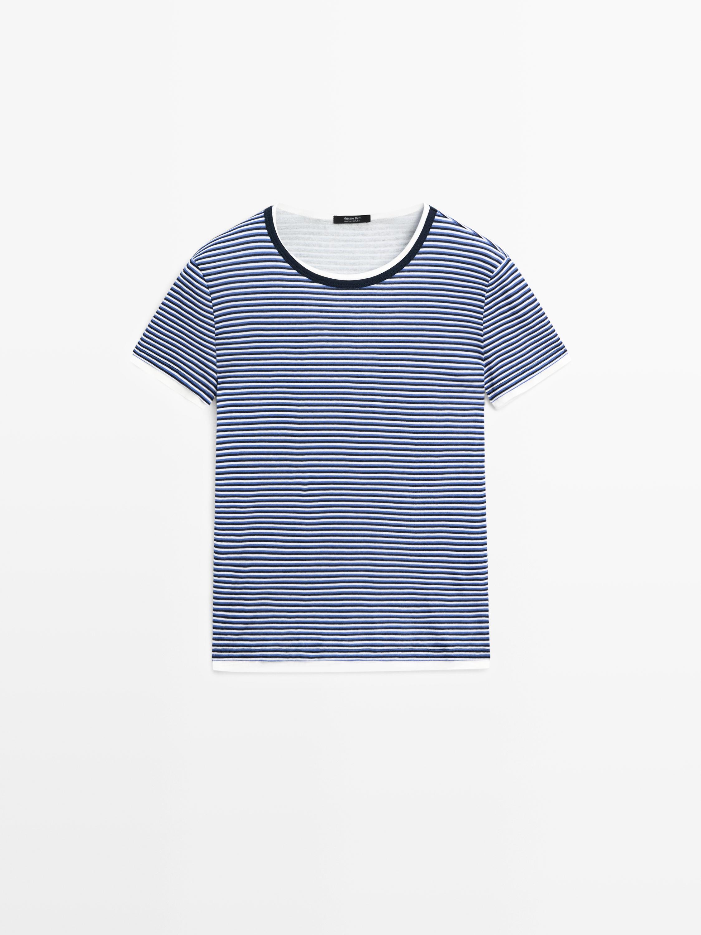 Striped double-layer T-shirt with short sleeves — BLUE