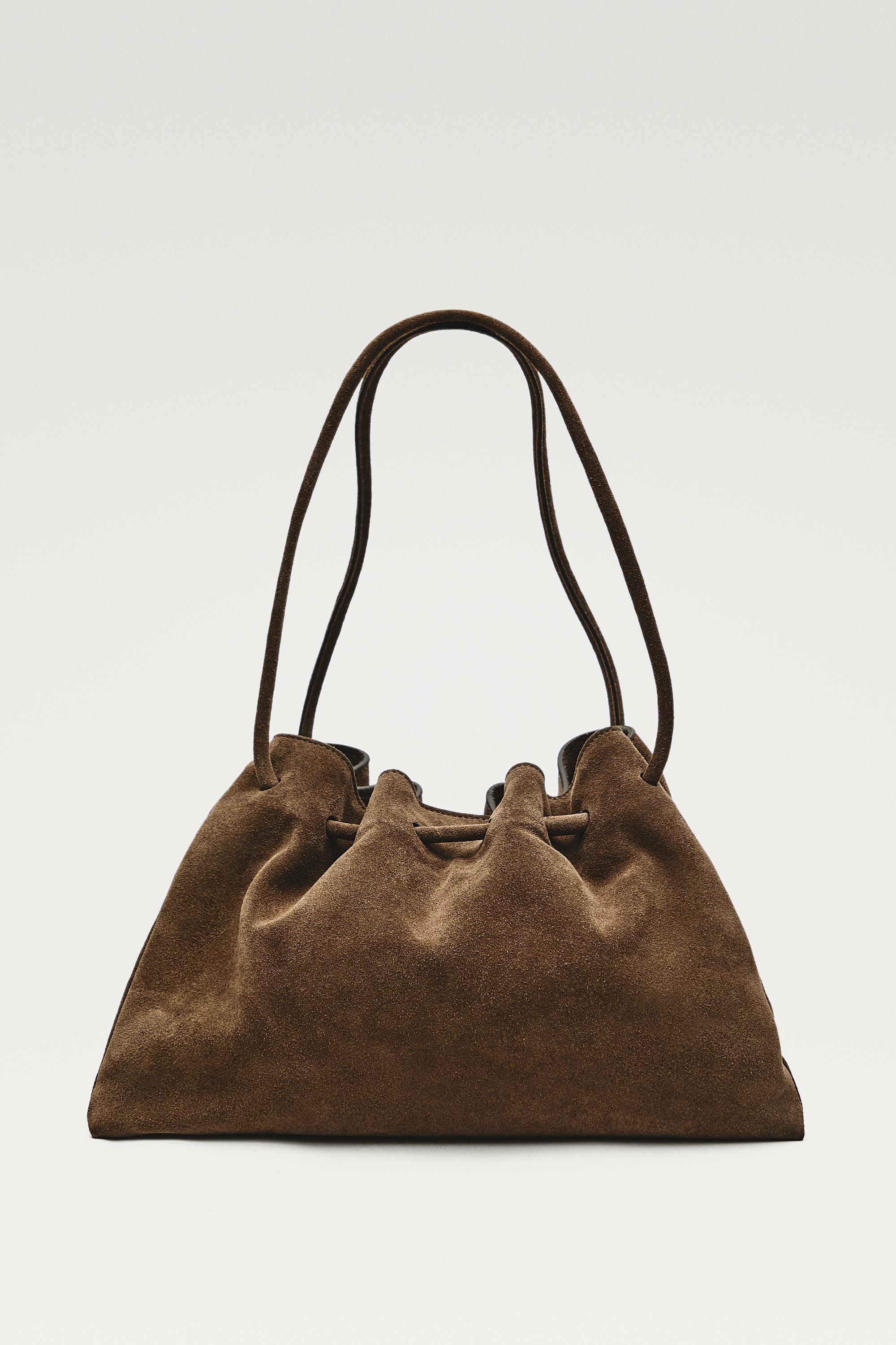 Ruched split suede leather bag — MOLE BROWN