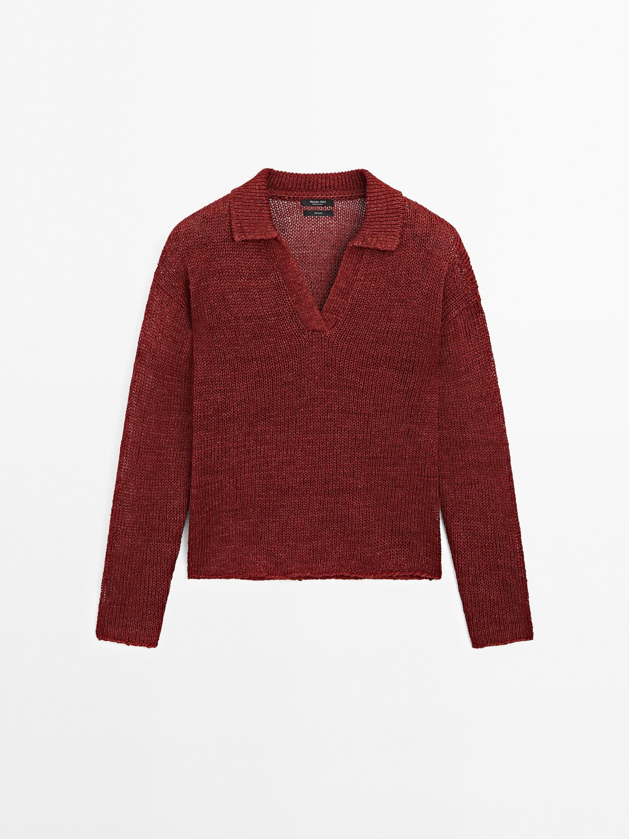 Massimo Dutti - Dame - Striktrøje I 100 % Hør Med Polokrave - Bordeaux - Xs
