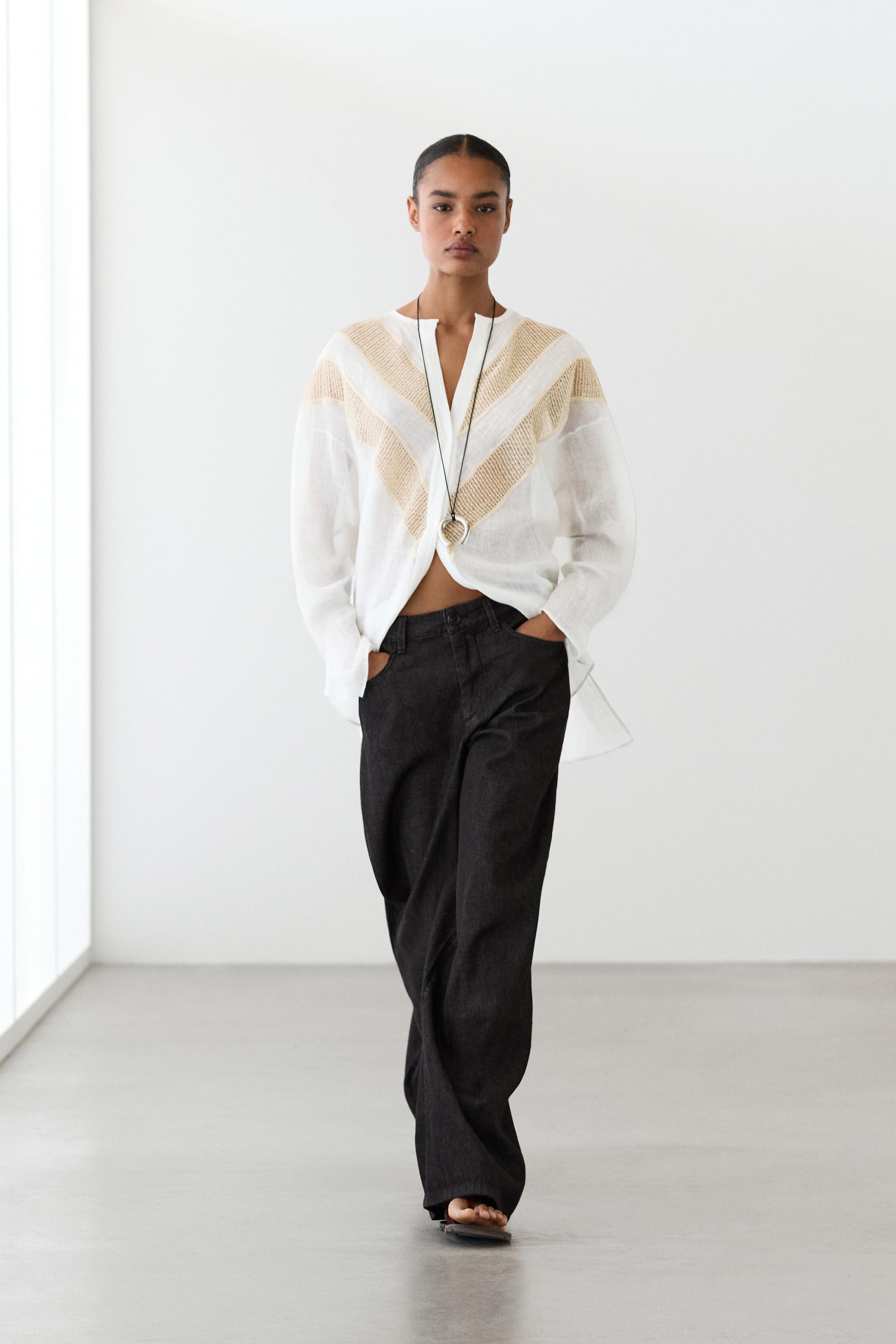 Chemisier Fluide Détail Appliqué En Lin Mélangé - Blanc - L - Massimo Dutti - Femme