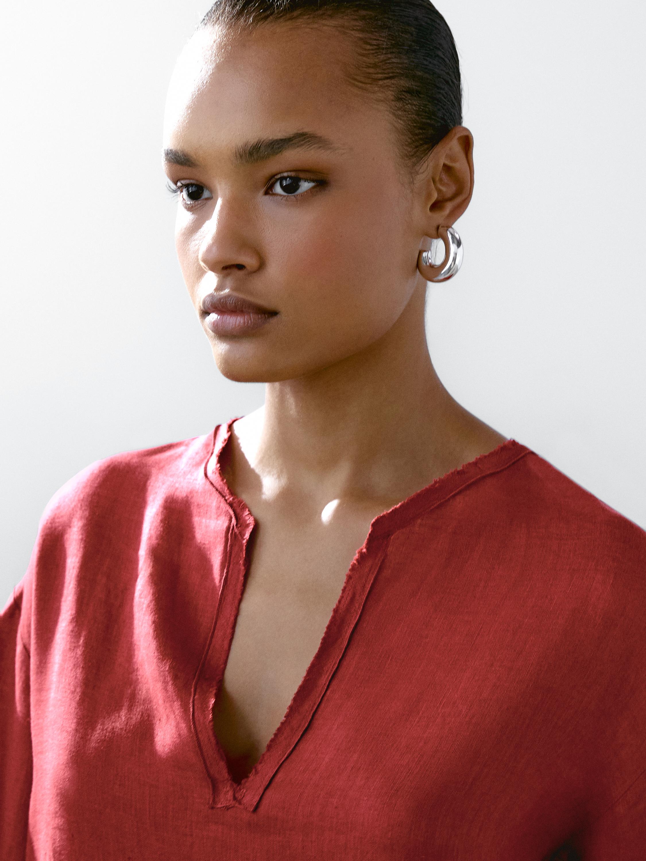 100% linen open stand collar shirt