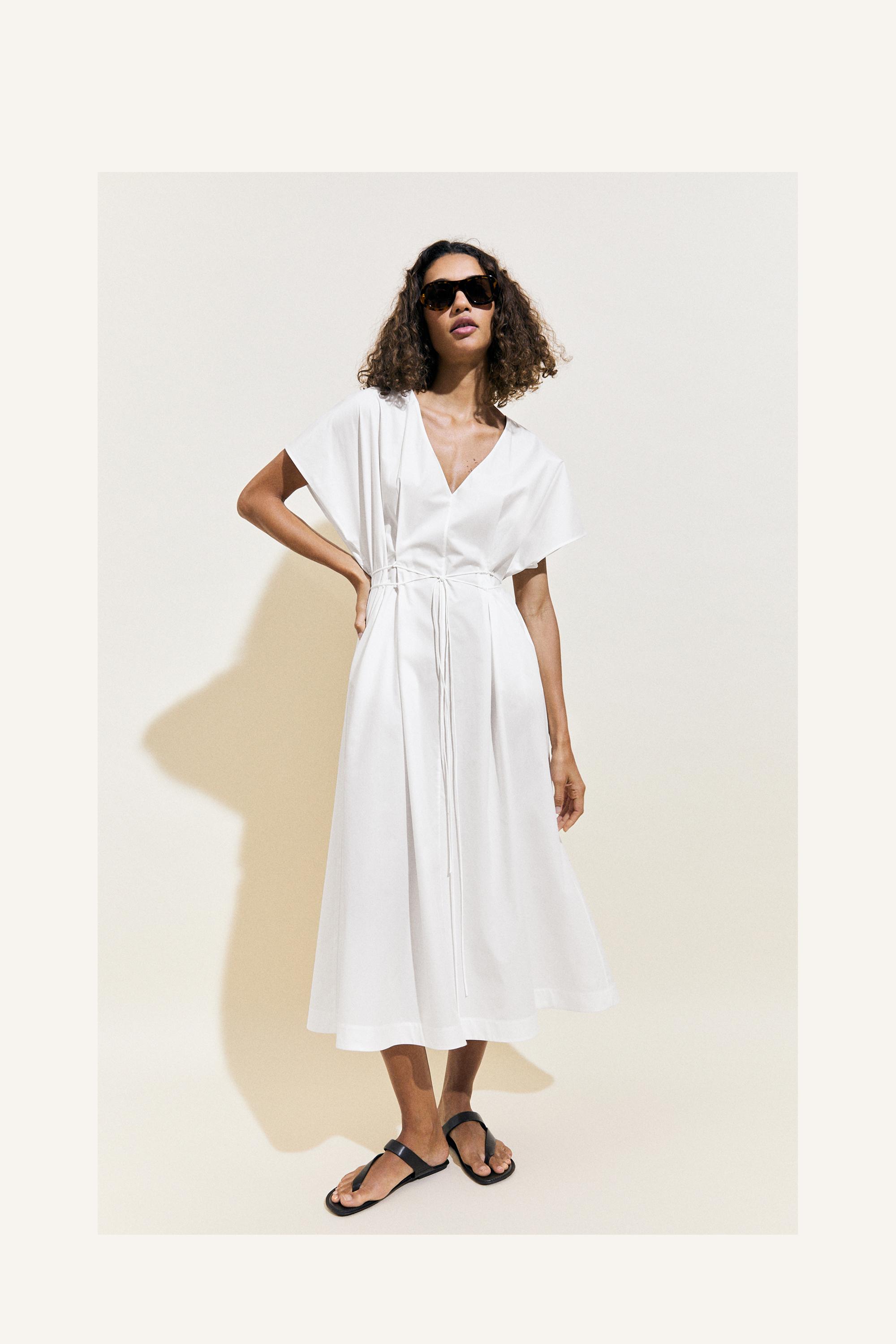 Poplin flounce midi dress — WHITE