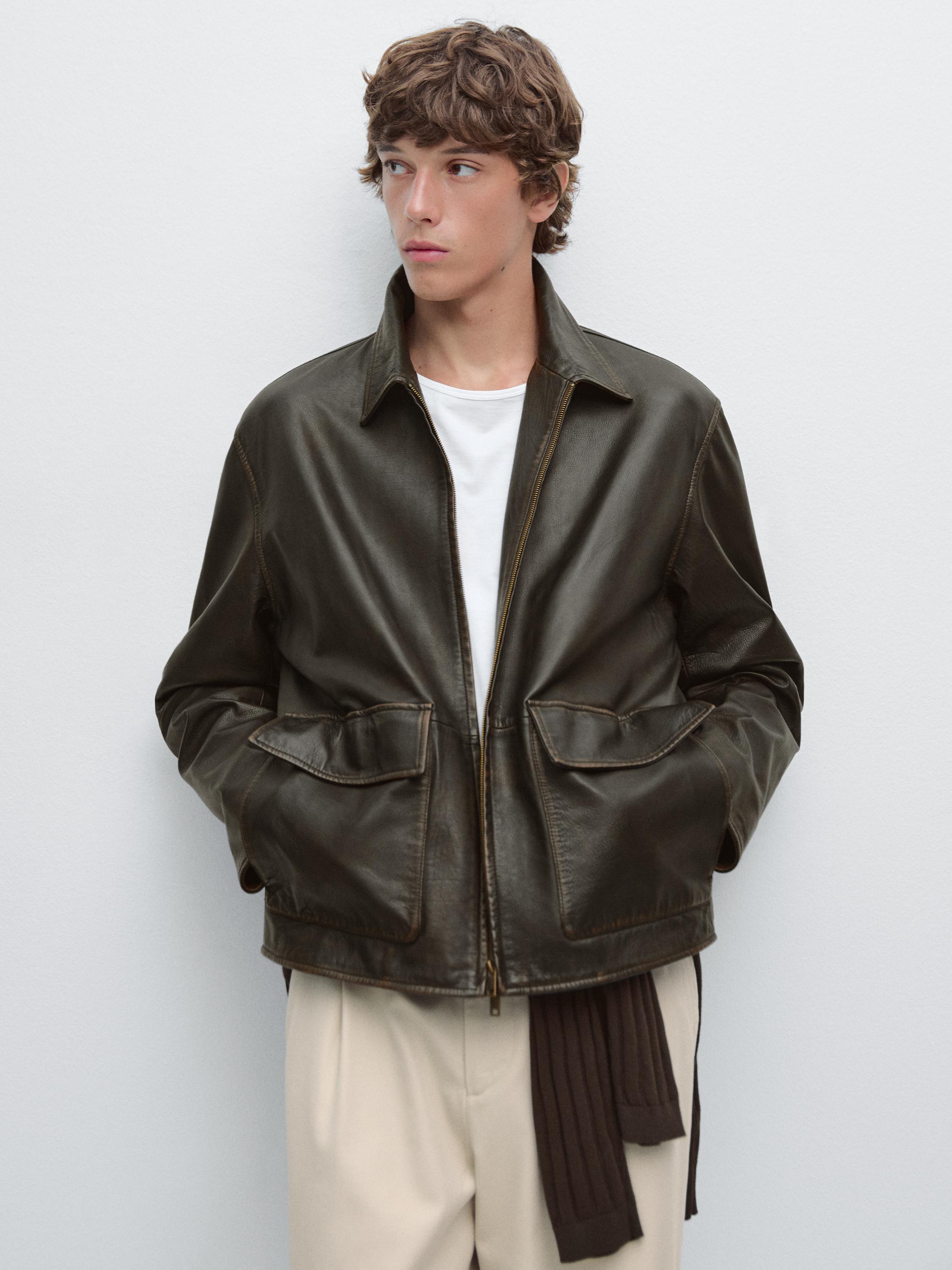 Distressed effect short nappa leather jacket