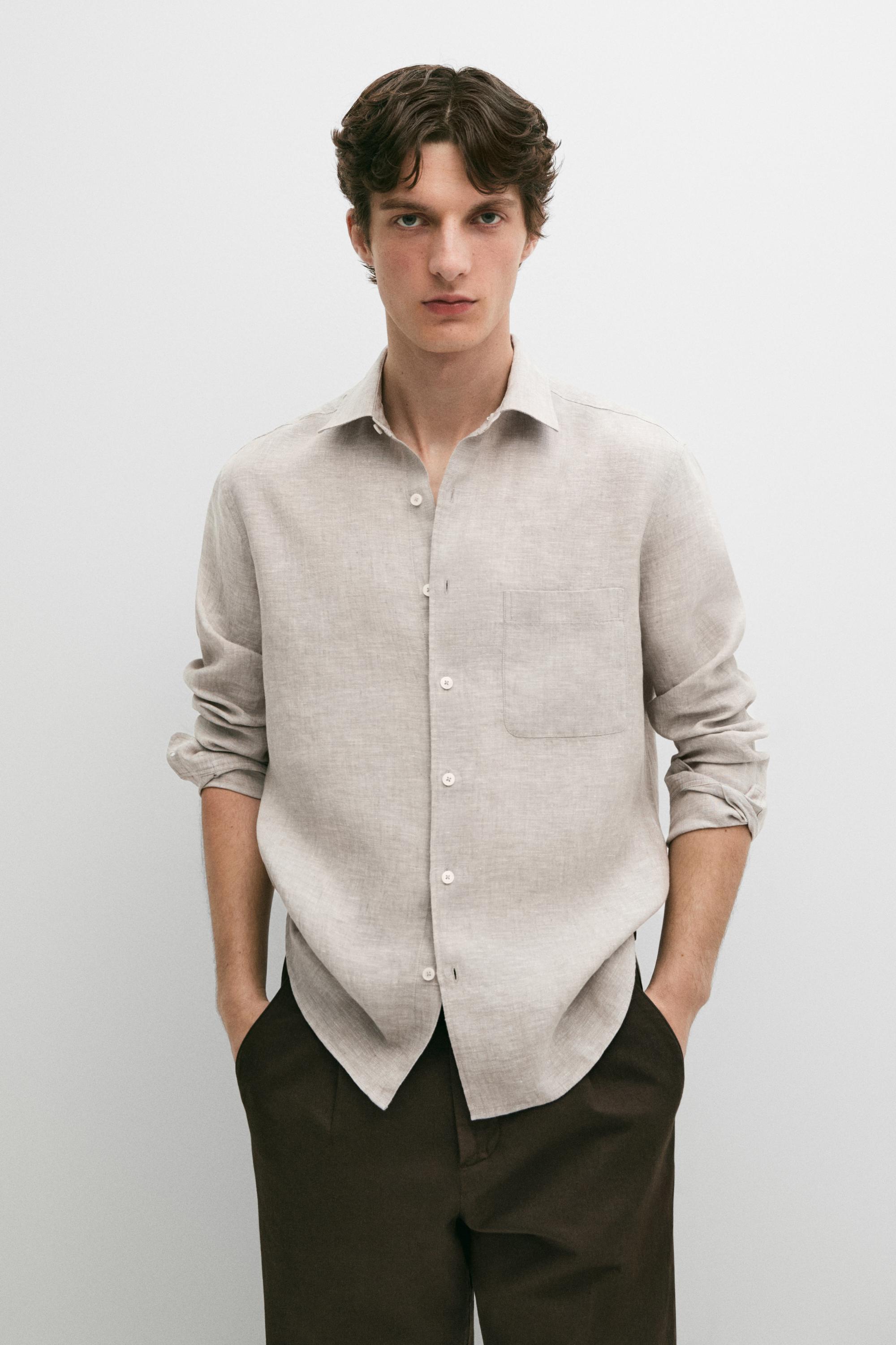 Regular fit linen shirt with pocket — MINK