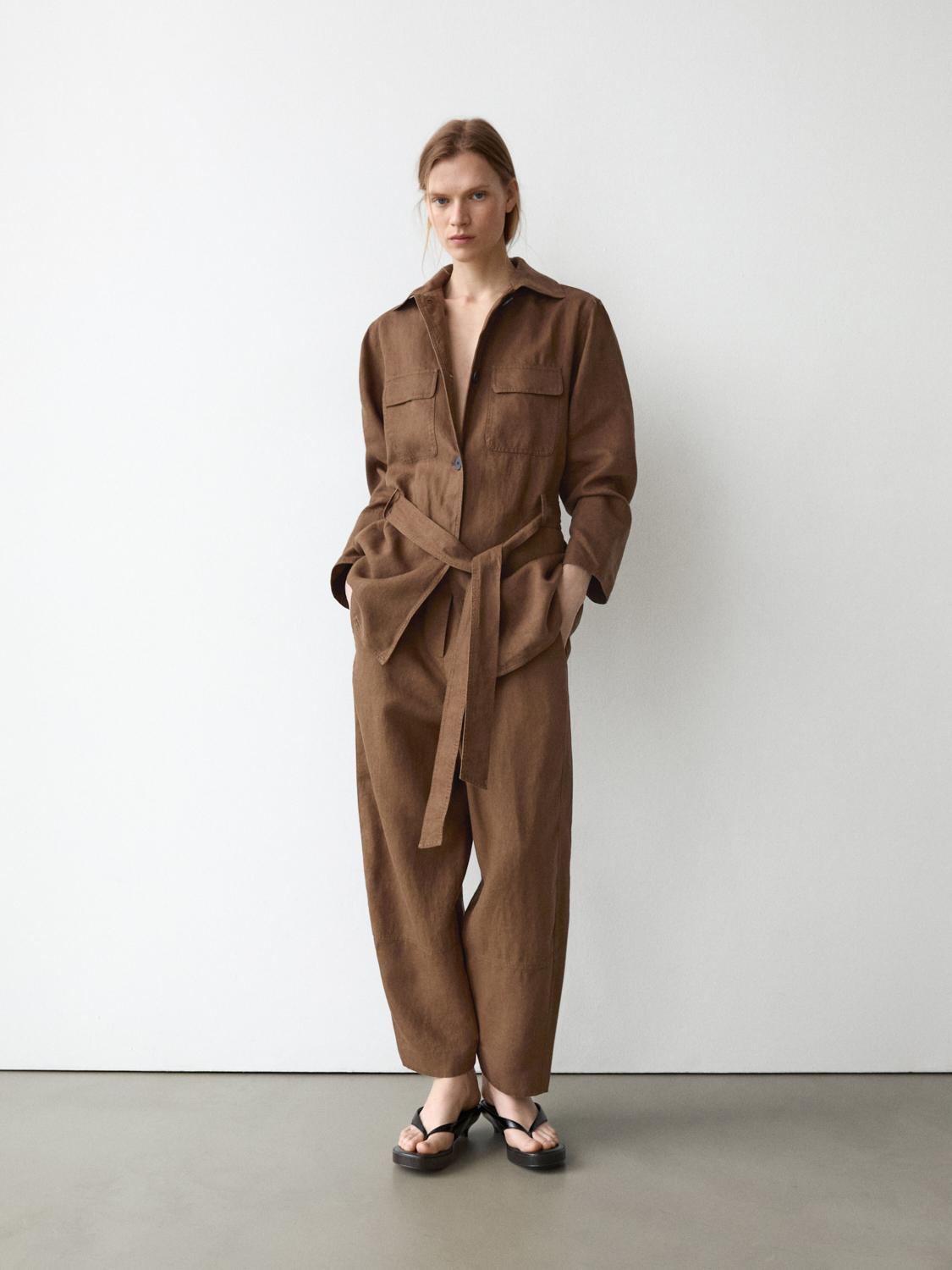 100% linen blazer with pockets and belt detail — BROWN