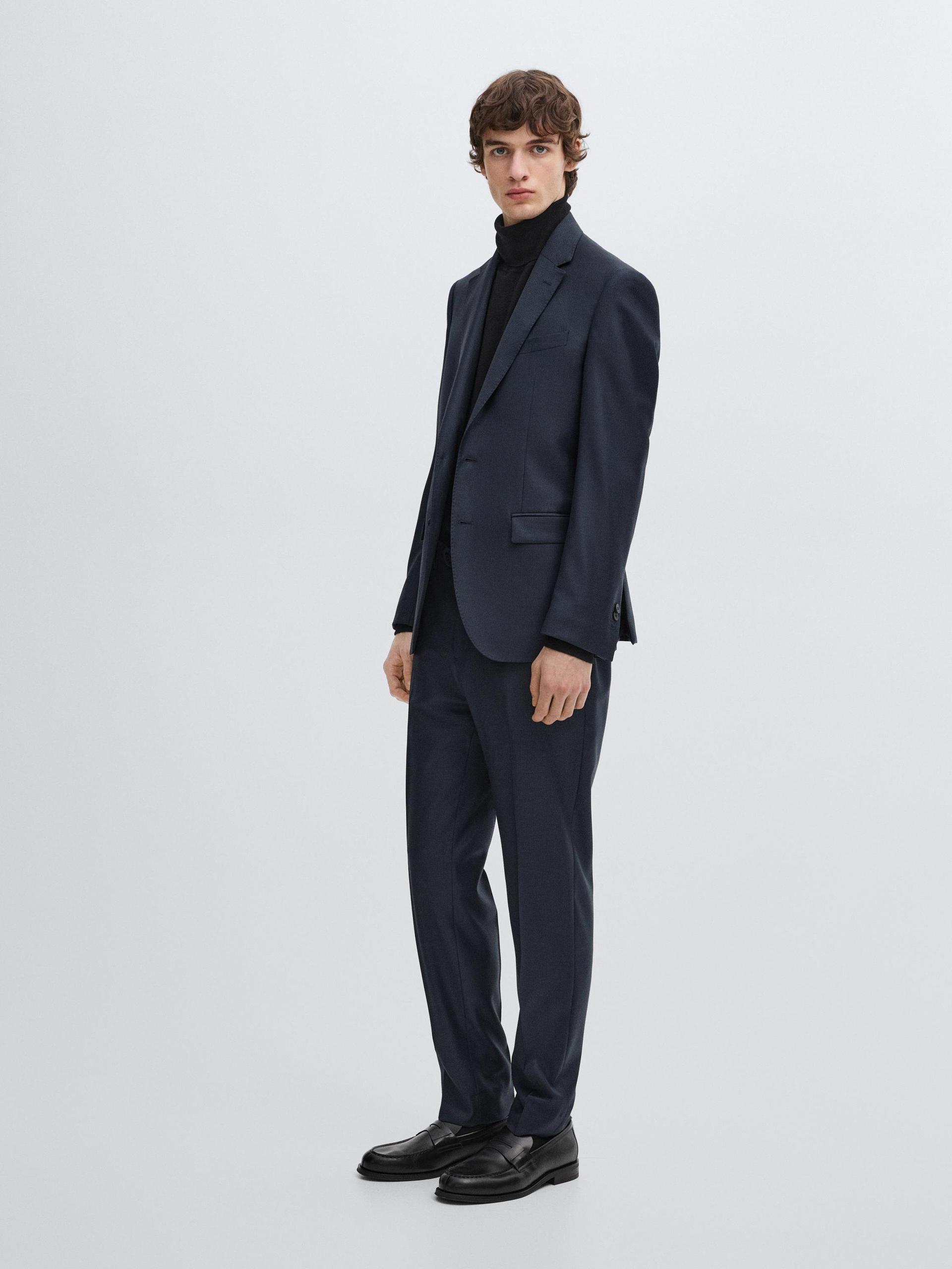 Pantalon Pied-De-Poule Laine - Bleu Marine - 40 - Massimo Dutti - Homme