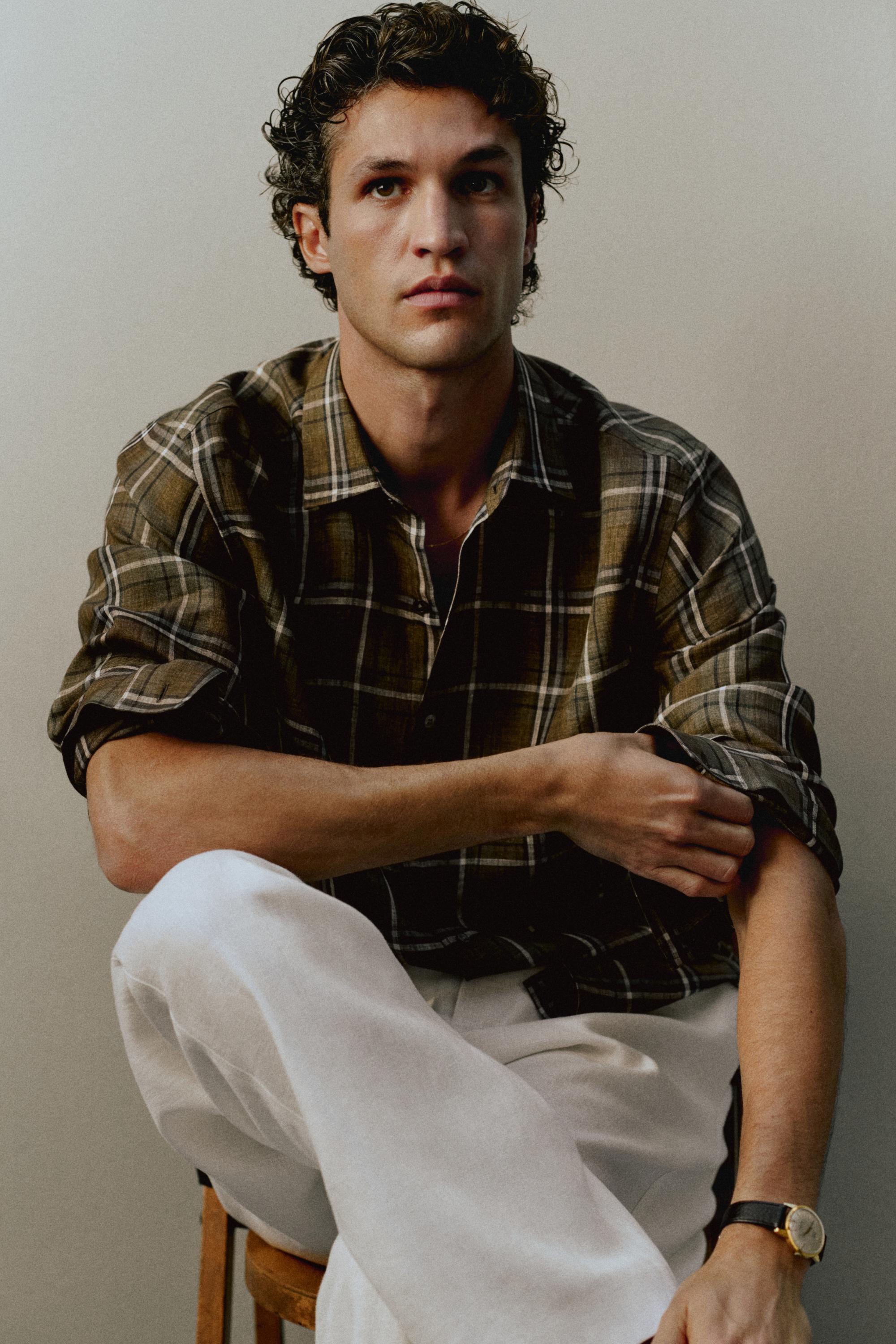 100% linen regular fit check shirt — GREEN