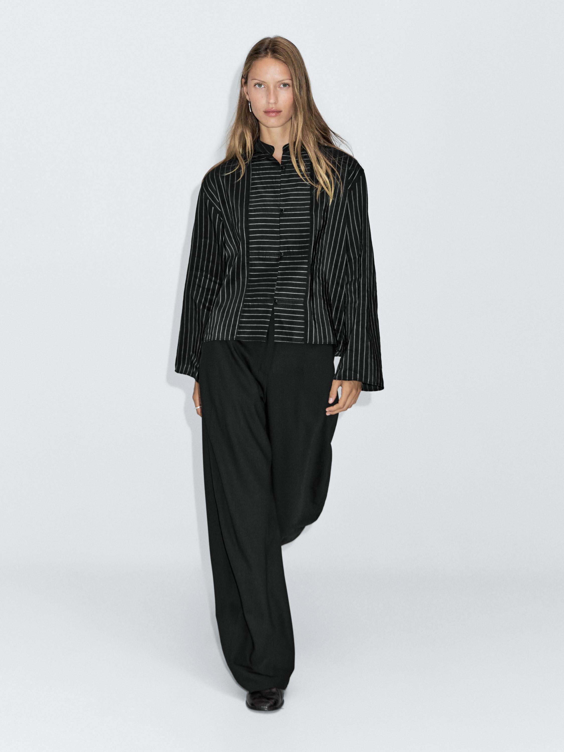 Striped shirt with stand collar and bib detail