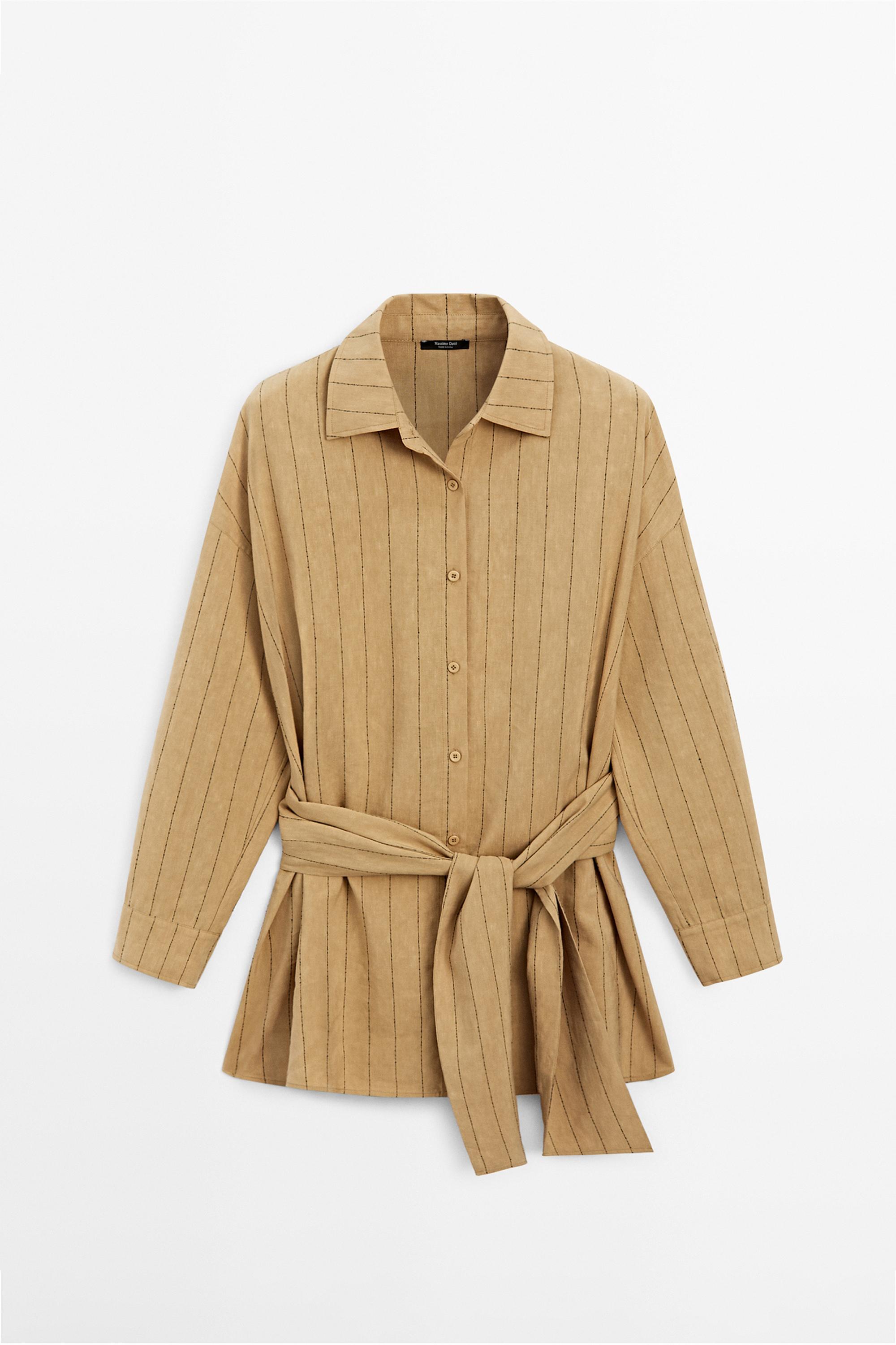 Striped flowing shirt with corset belt detail — MUSTARD YELLOW