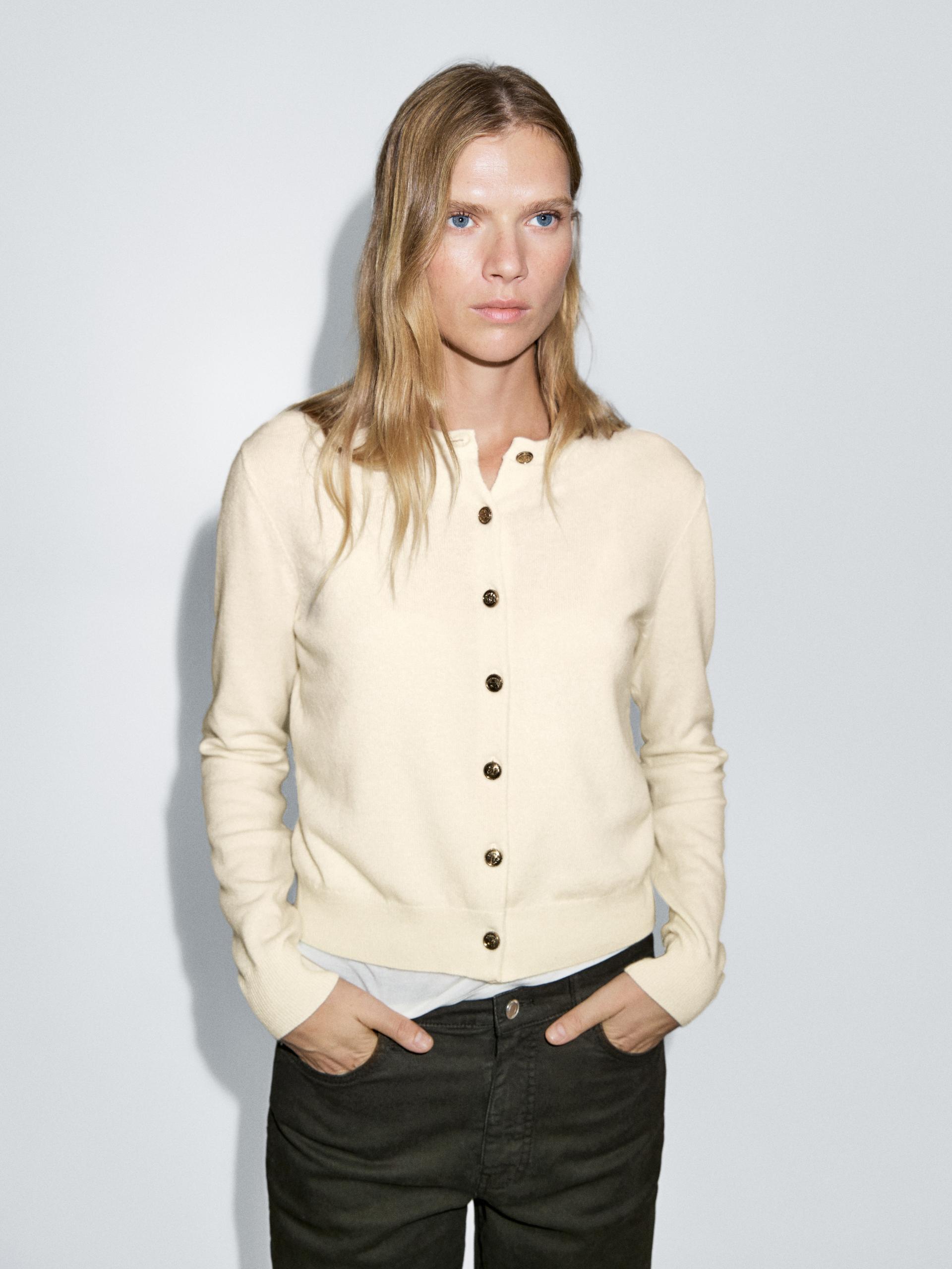 Cardigan Boutons Dorés 100 % Laine - Cru - Xl - Massimo Dutti - Femme