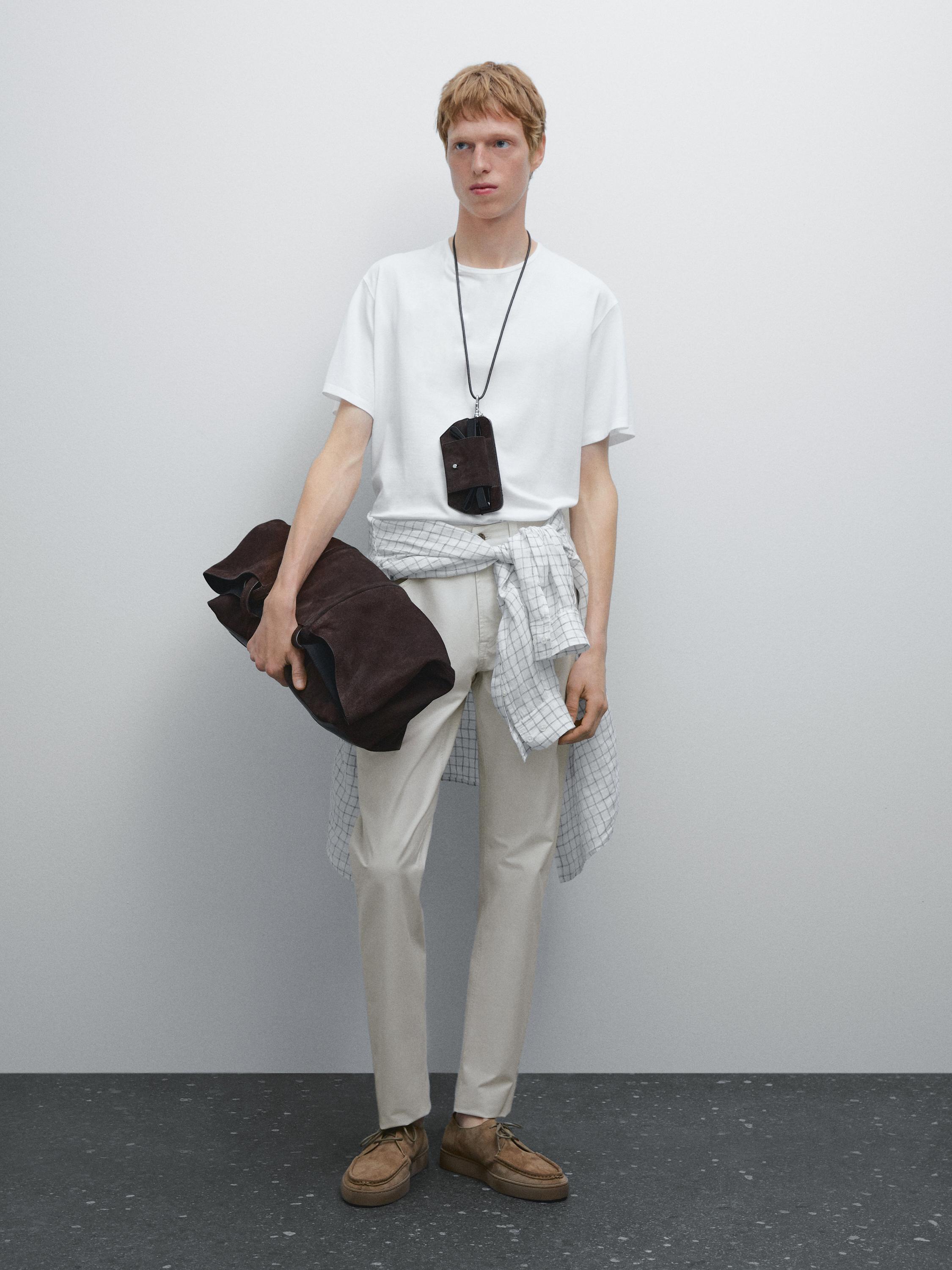 Lightweight tapered fit denim-effect trousers