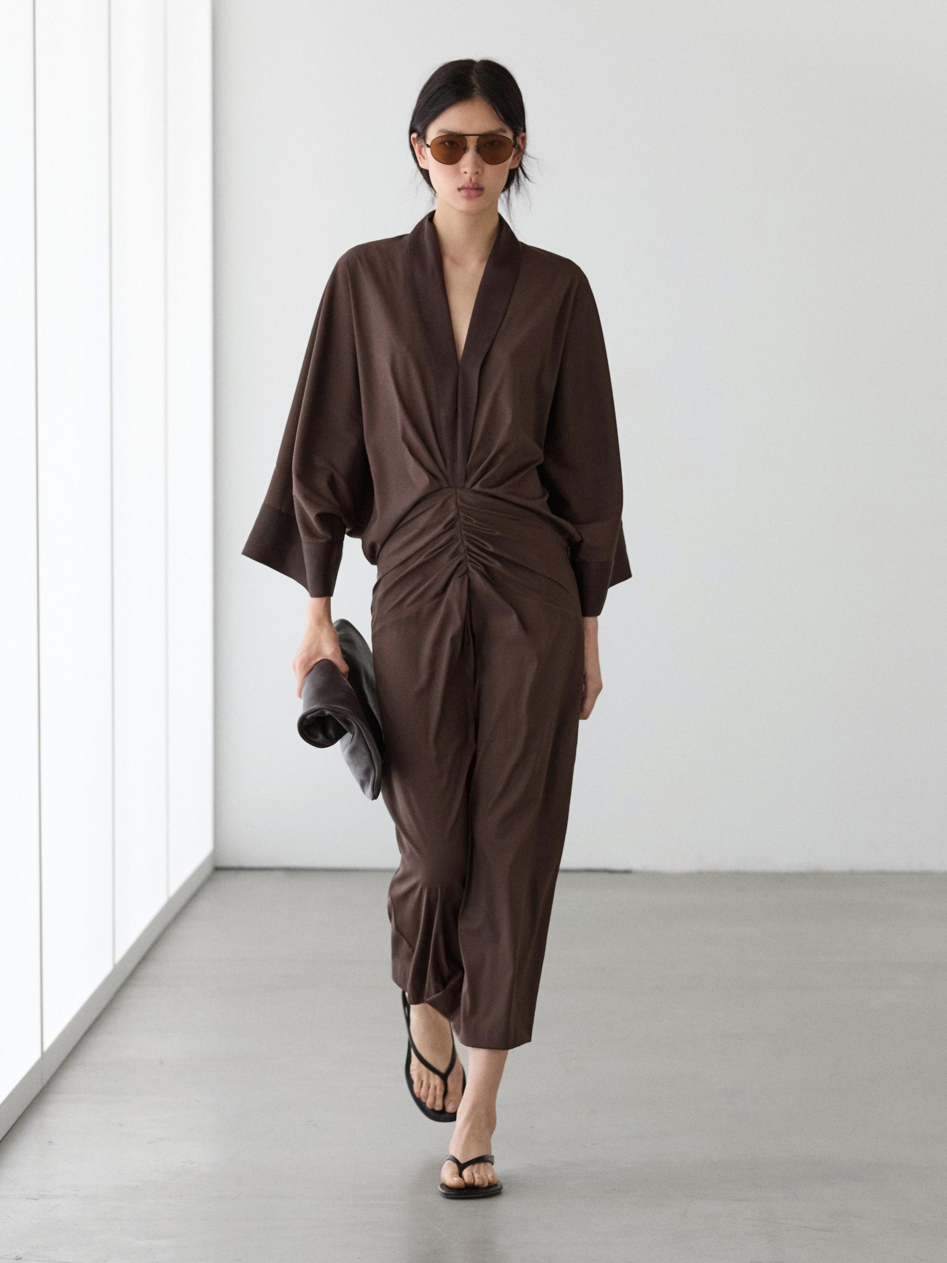 Robe À Manches Longues Froncée - Chocolat - 36 - Massimo Dutti - Femme