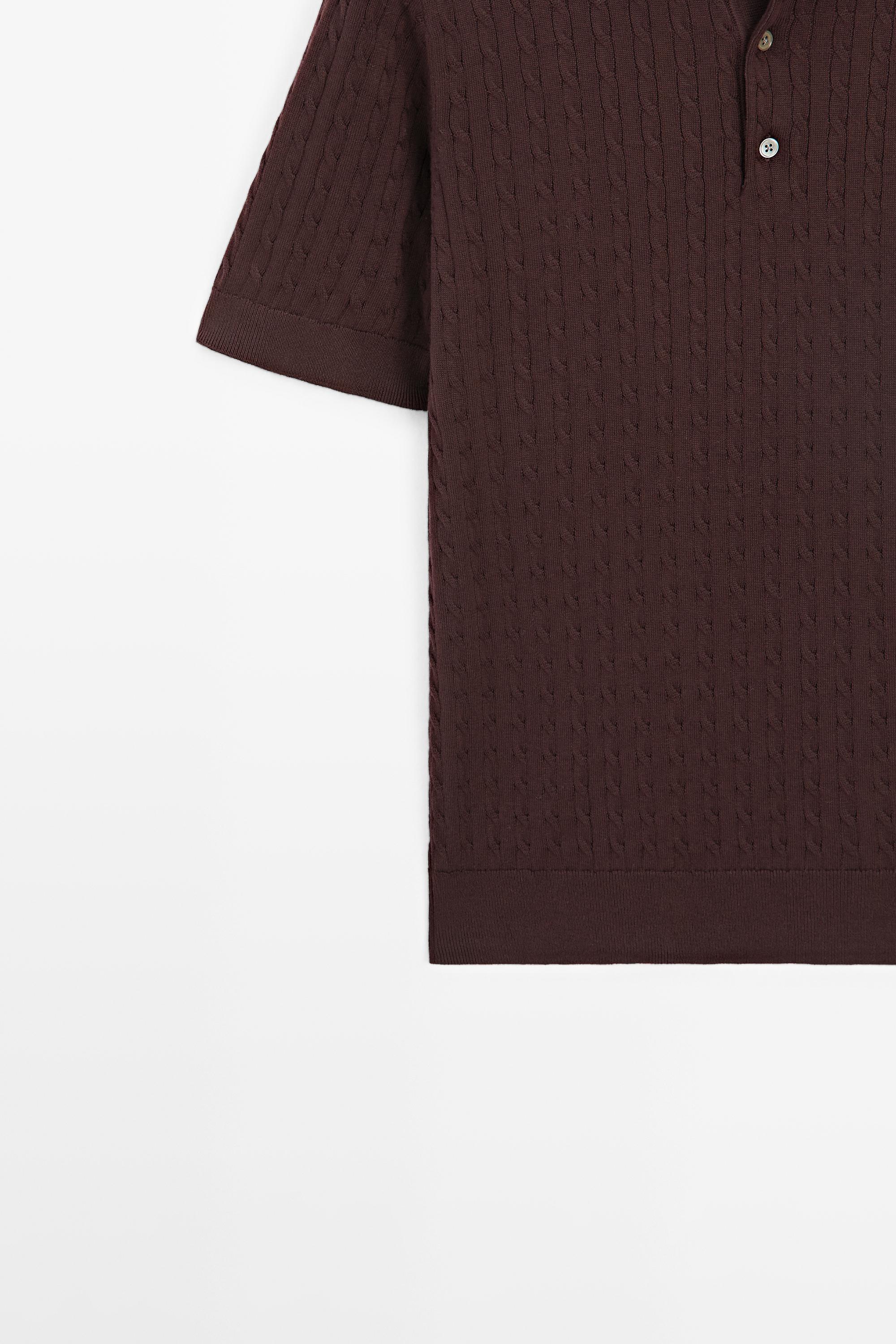 100% cotton cable-knit polo shirt — BURGUNDY